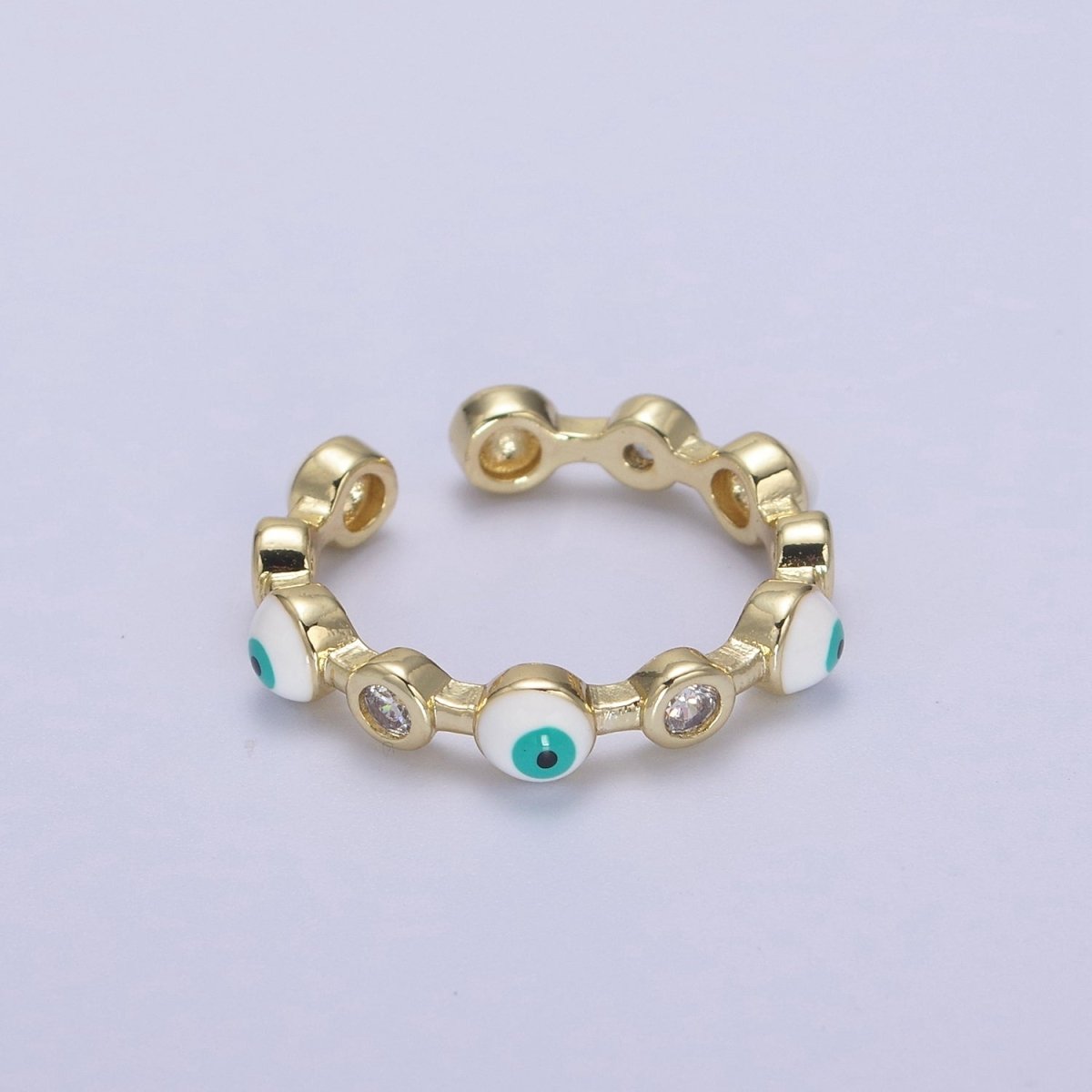 White, Teal, Blue, Black Round Evil Eye Enamel Clear CZ Stackable Ring U-073 - U-076 - DLUXCA