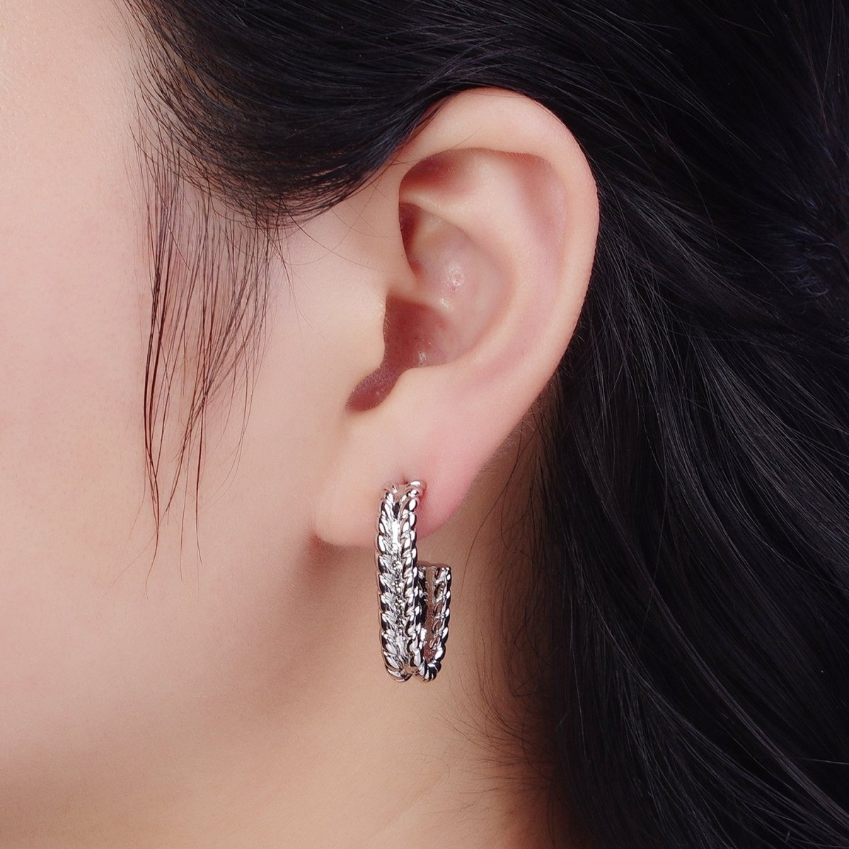 Wide Braided Twist Wheat J Shaped Hoop Stud Earrings in Gold & Silver | X-876 X-877 - DLUXCA