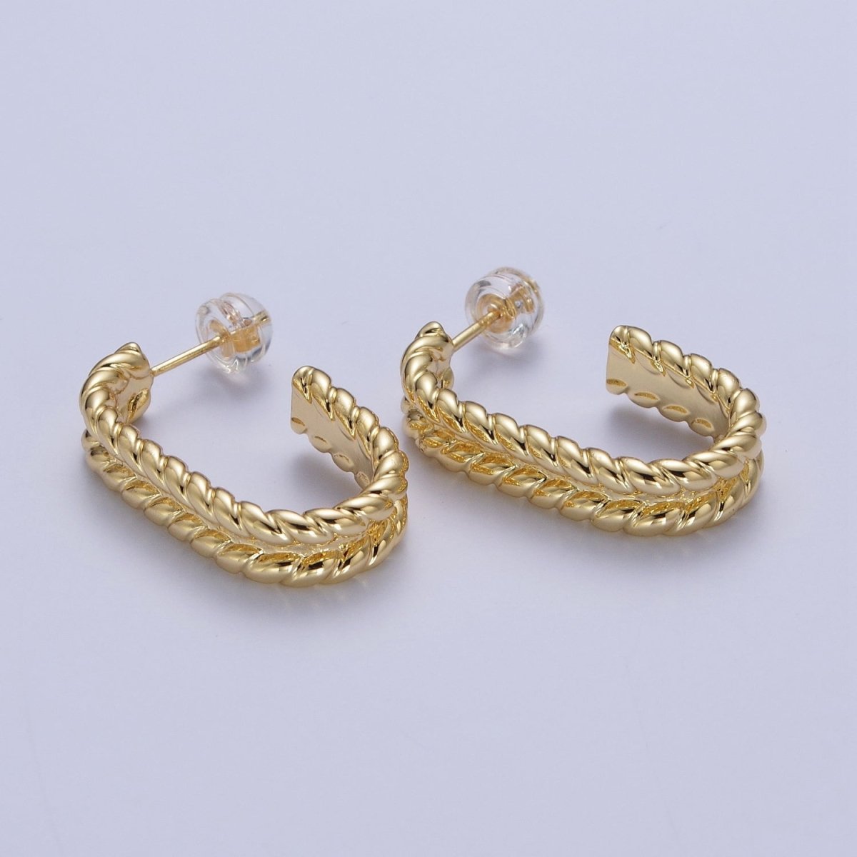 Wide Braided Twist Wheat J Shaped Hoop Stud Earrings in Gold & Silver | X-876 X-877 - DLUXCA