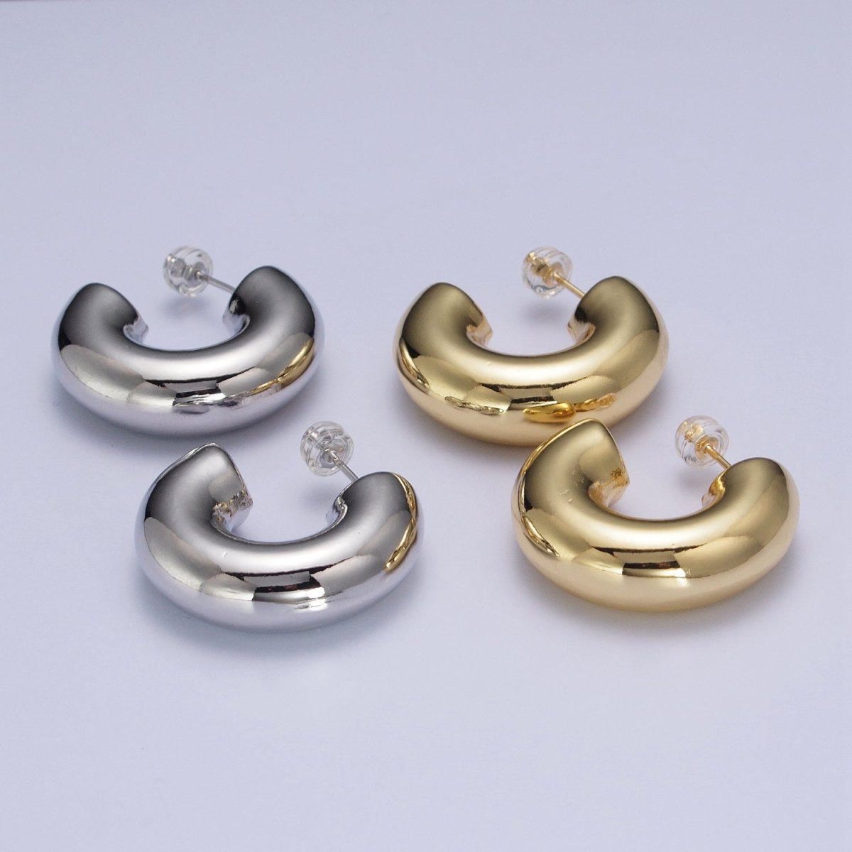 Wide Chubby C Shaped Hoop Stud Earrings in Gold & Silver | X-852 X-853 - DLUXCA