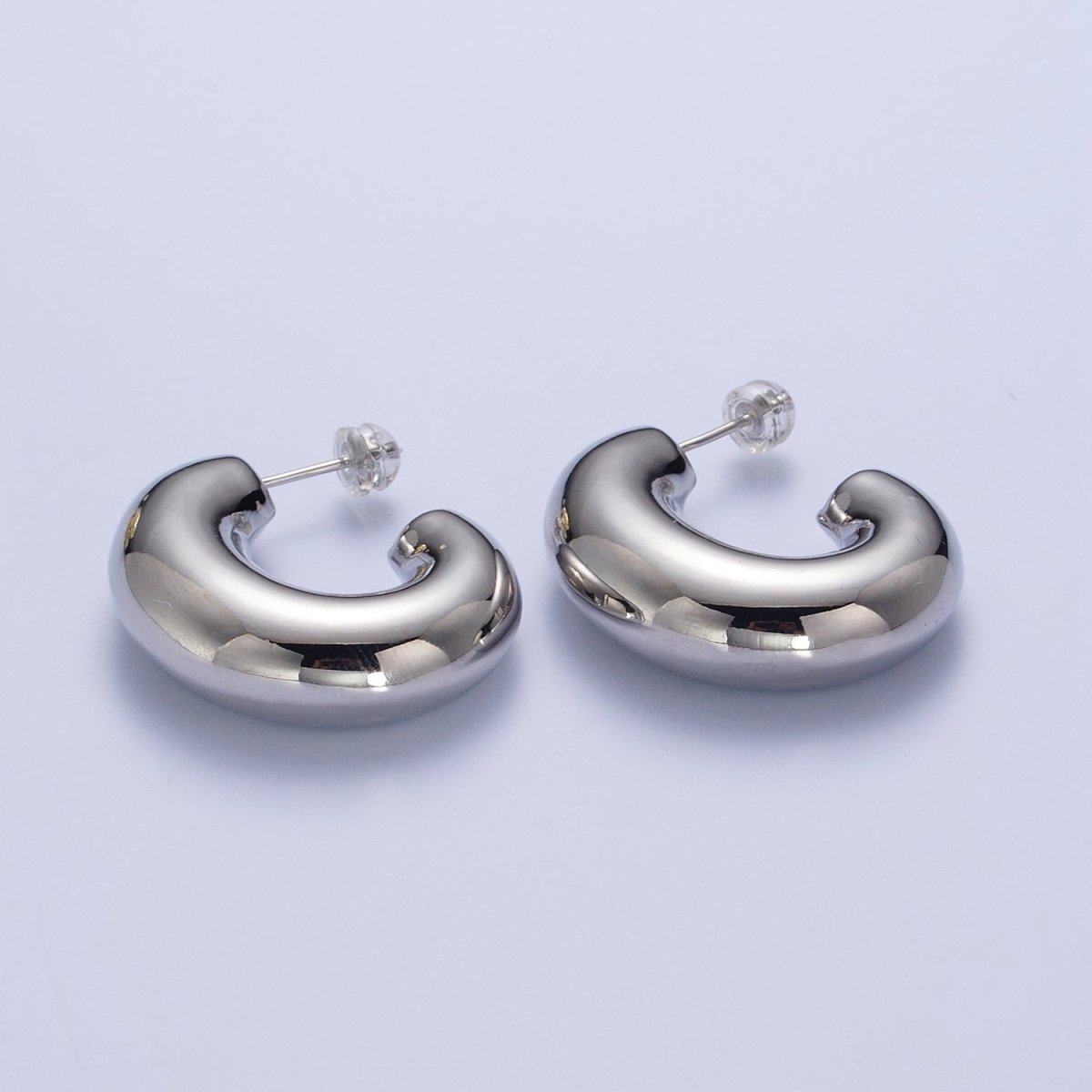 Wide Chubby J Shaped Hoop Stud Geometric Earrings in Gold & Silver | X-881 X-882 - DLUXCA