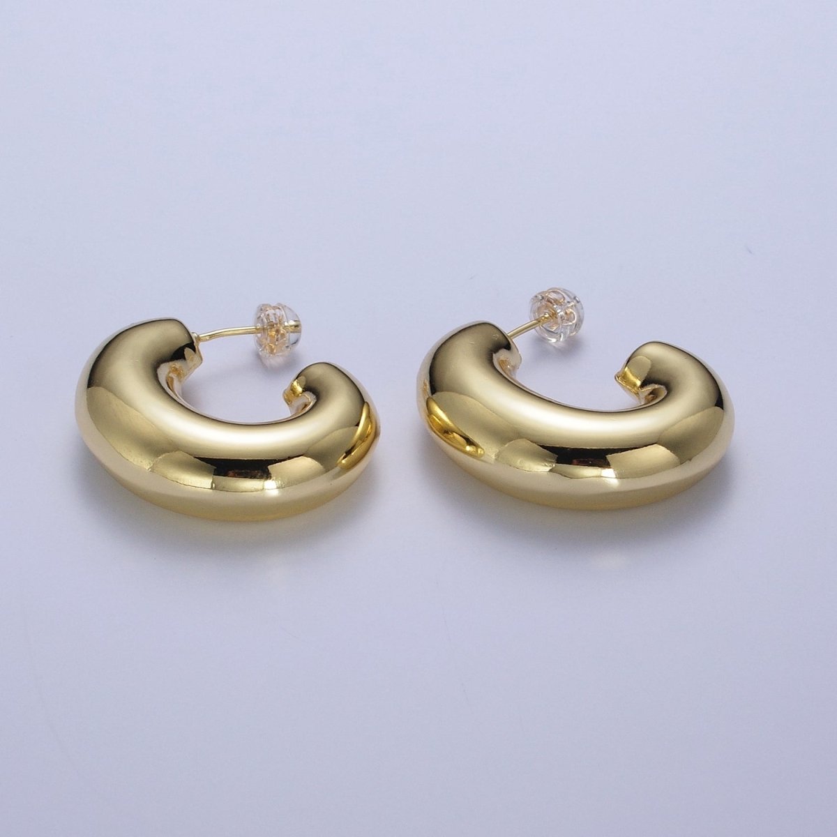 Wide Chubby J Shaped Hoop Stud Geometric Earrings in Gold & Silver | X-881 X-882 - DLUXCA