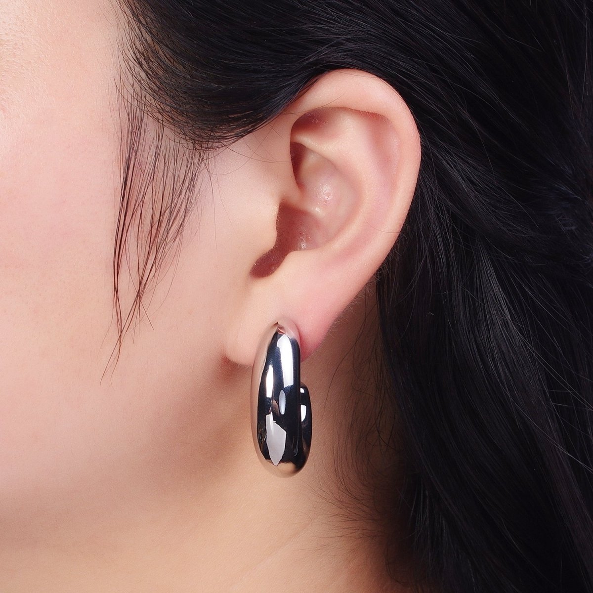 Wide Chubby J Shaped Hoop Stud Geometric Earrings in Gold & Silver | X-881 X-882 - DLUXCA