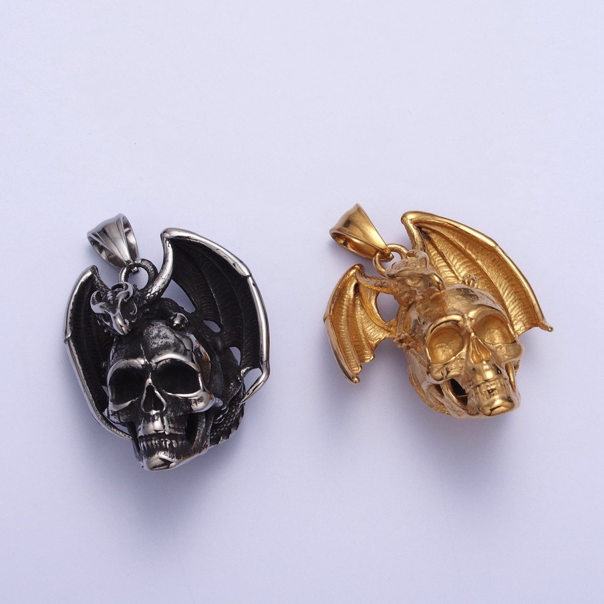 Winged Dragon on Skull Skeleton Stainless Steel Pendant in Gold & Silver | X-667 X-668 - DLUXCA