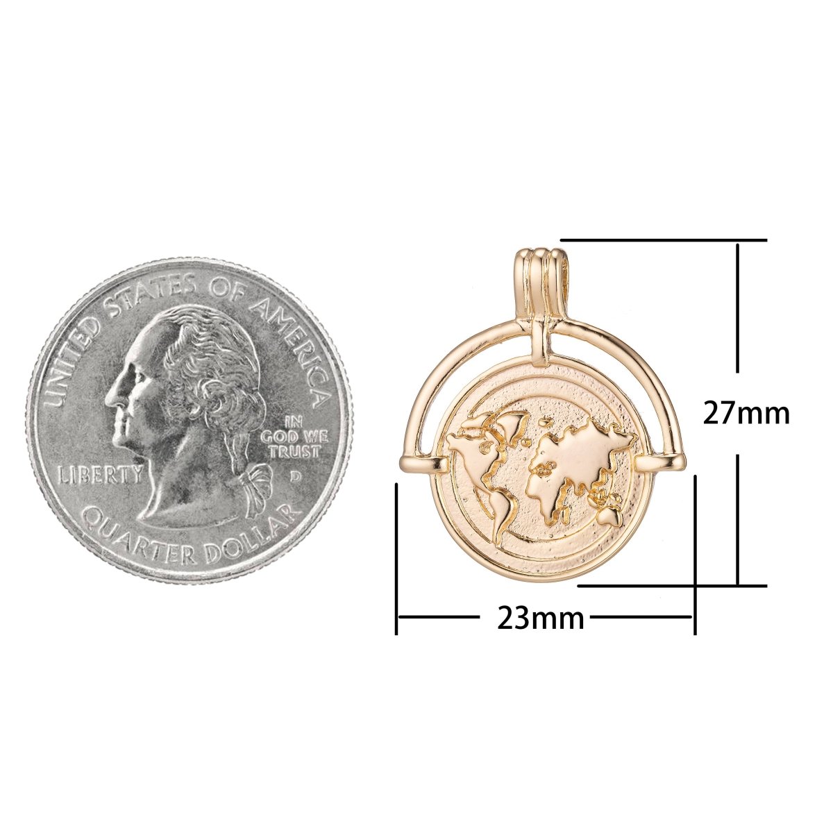 World Traveller Charm, 14K Gold Filled / White Gold Pendant Round Earth Globe Travel Vacay Coin Medallion Necklace Charm for Jewelry Making C-347 E-279 - DLUXCA