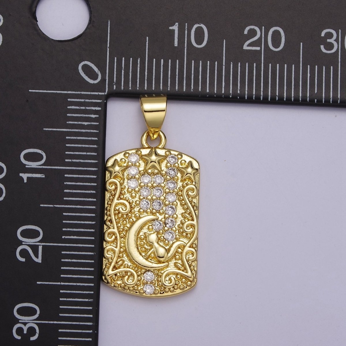 Yellow Gold Tag Pendant Crescent Moon With Cat Charm For Dangle Pendant Necklace J-320 - DLUXCA