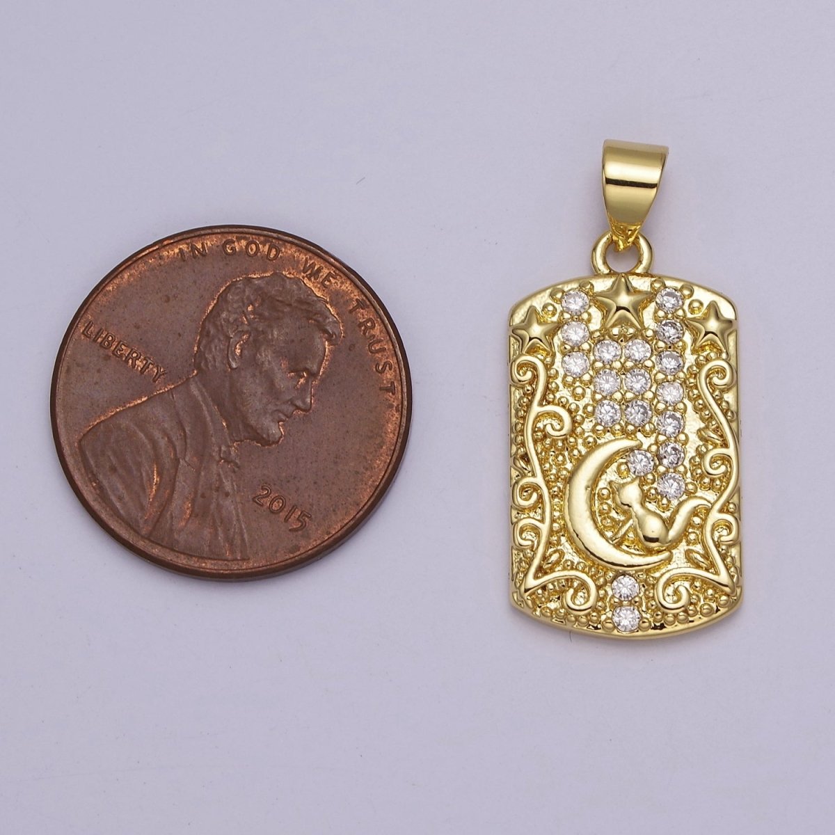 Yellow Gold Tag Pendant Crescent Moon With Cat Charm For Dangle Pendant Necklace J-320 - DLUXCA