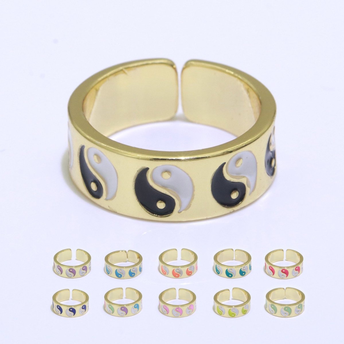 Yin Yang Ring Open Adjustable Gold Ring, Colorful Pastel Enamel Ring, Stackable Ring Black White Pink blue Green Ring for Women S-001 ~ S-008 S-010 S-011 - DLUXCA