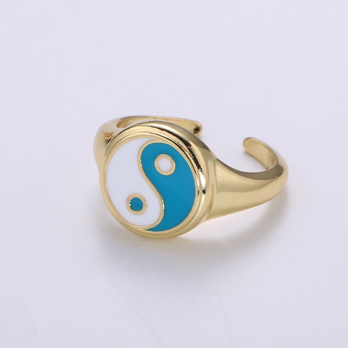 Yin Yang Ring, Signet Ring, Adjustable Gold Ring, Colorful Pastel Enamel Ring, Stackable Ring Black White Pink blue Green Ring for Women - DLUXCA