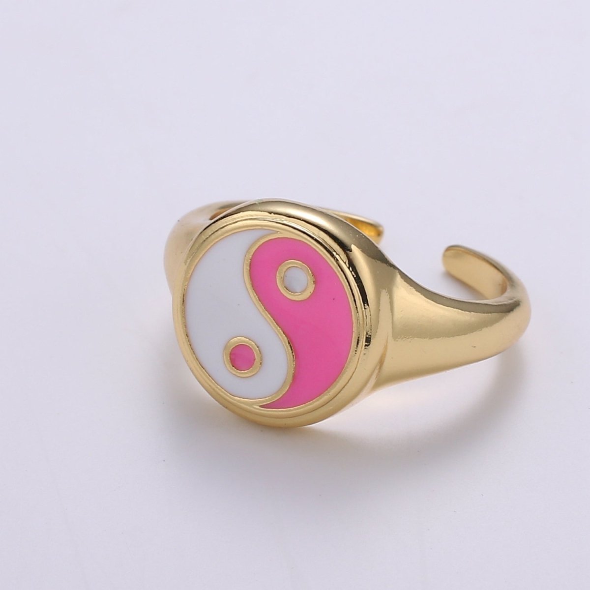 Yin Yang Ring, Signet Ring, Adjustable Gold Ring, Colorful Pastel Enamel Ring, Stackable Ring Black White Pink blue Green Ring for Women - DLUXCA