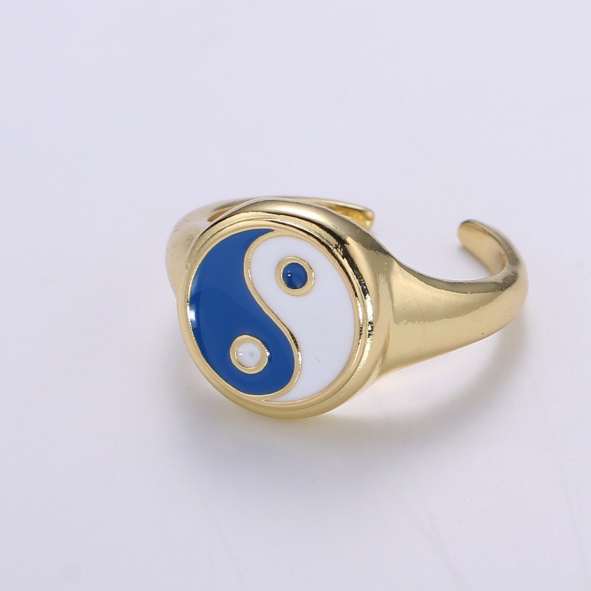 Yin Yang Ring, Signet Ring, Adjustable Gold Ring, Colorful Pastel Enamel Ring, Stackable Ring Black White Pink blue Green Ring for Women - DLUXCA