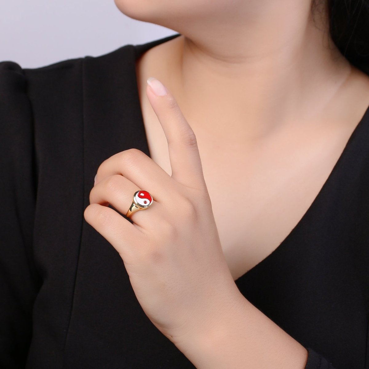 Yin Yang Ring, Signet Ring, Adjustable Gold Ring, Colorful Pastel Enamel Ring, Stackable Ring Black White Pink blue Green Ring for Women - DLUXCA