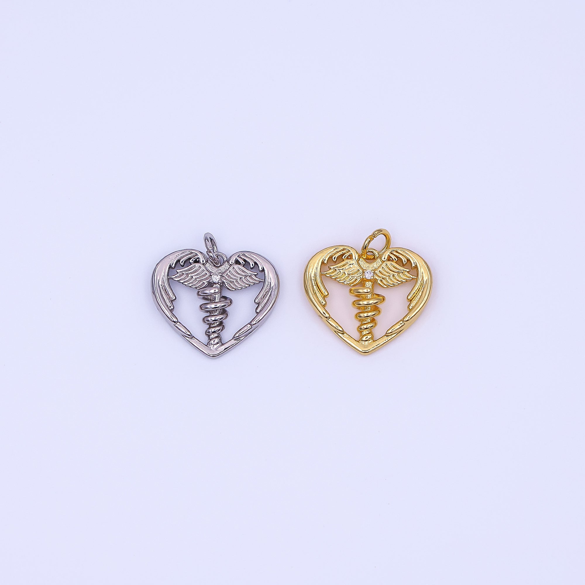 24K Gold Filled 16mm Clear CZ Medic Heart of Healing Snake & Wings Charm Heart of Caduceus Pharmacy Symbol in Gold & Silver | AF497