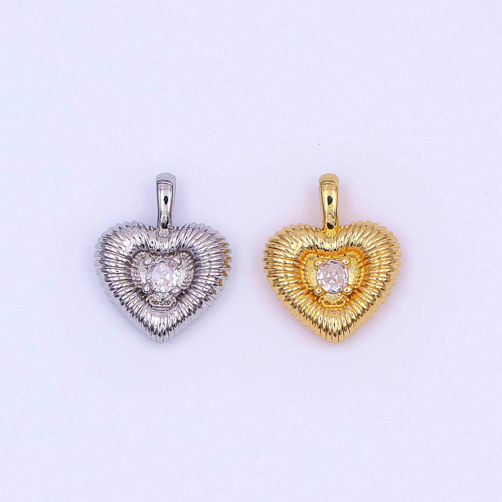 24K Gold Filled 16mm Round CZ Swirly Textured Heart Pendant in Gold & Silver | AH464
