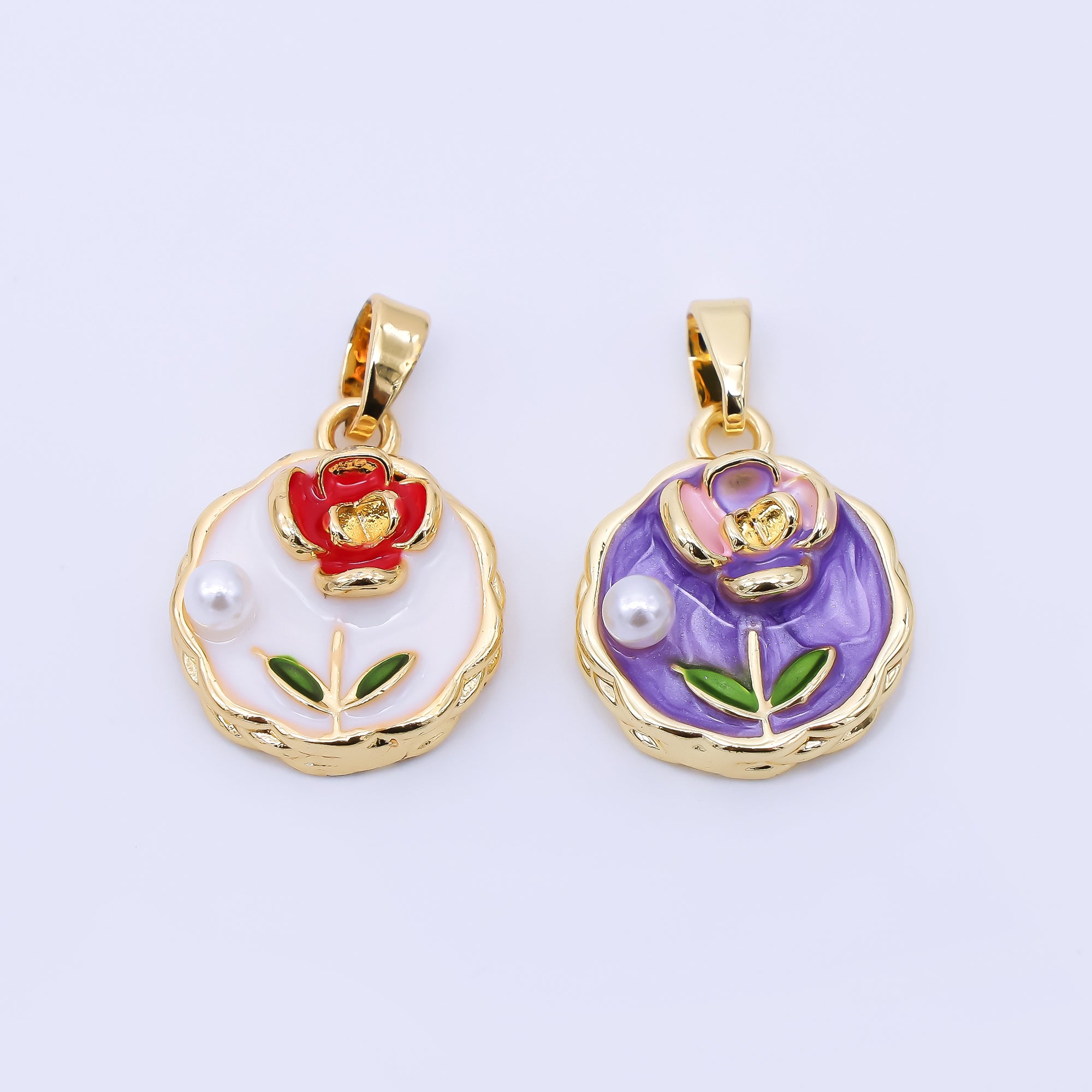 24K Gold Filled 16mm Purple, White Enamel Shell Pearl Flower Pendant | AH511