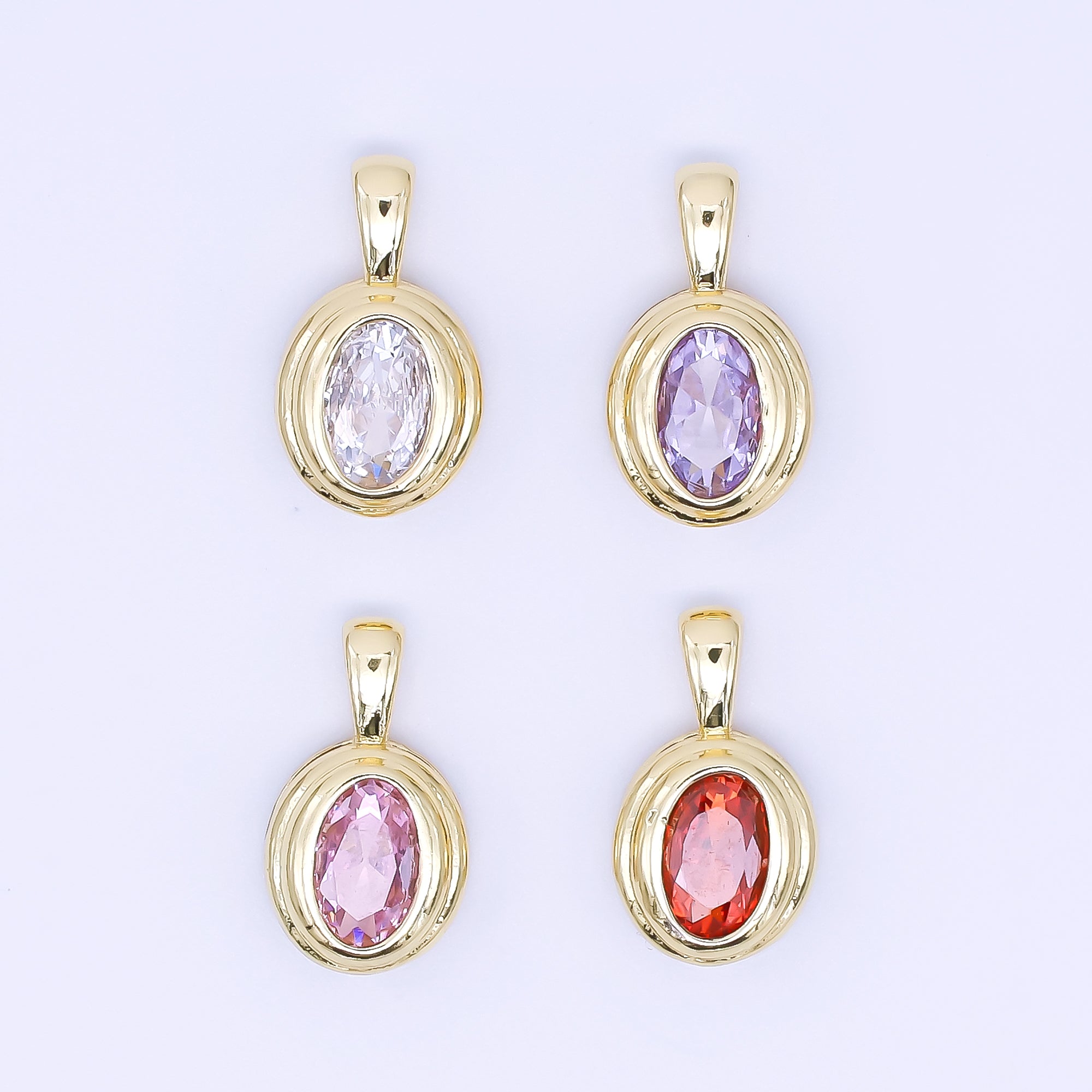 18K Gold Filled 12.5mm Pink, Purple, Orange Oval CZ Golden Framed Shaped Pendant | AH479 AH480