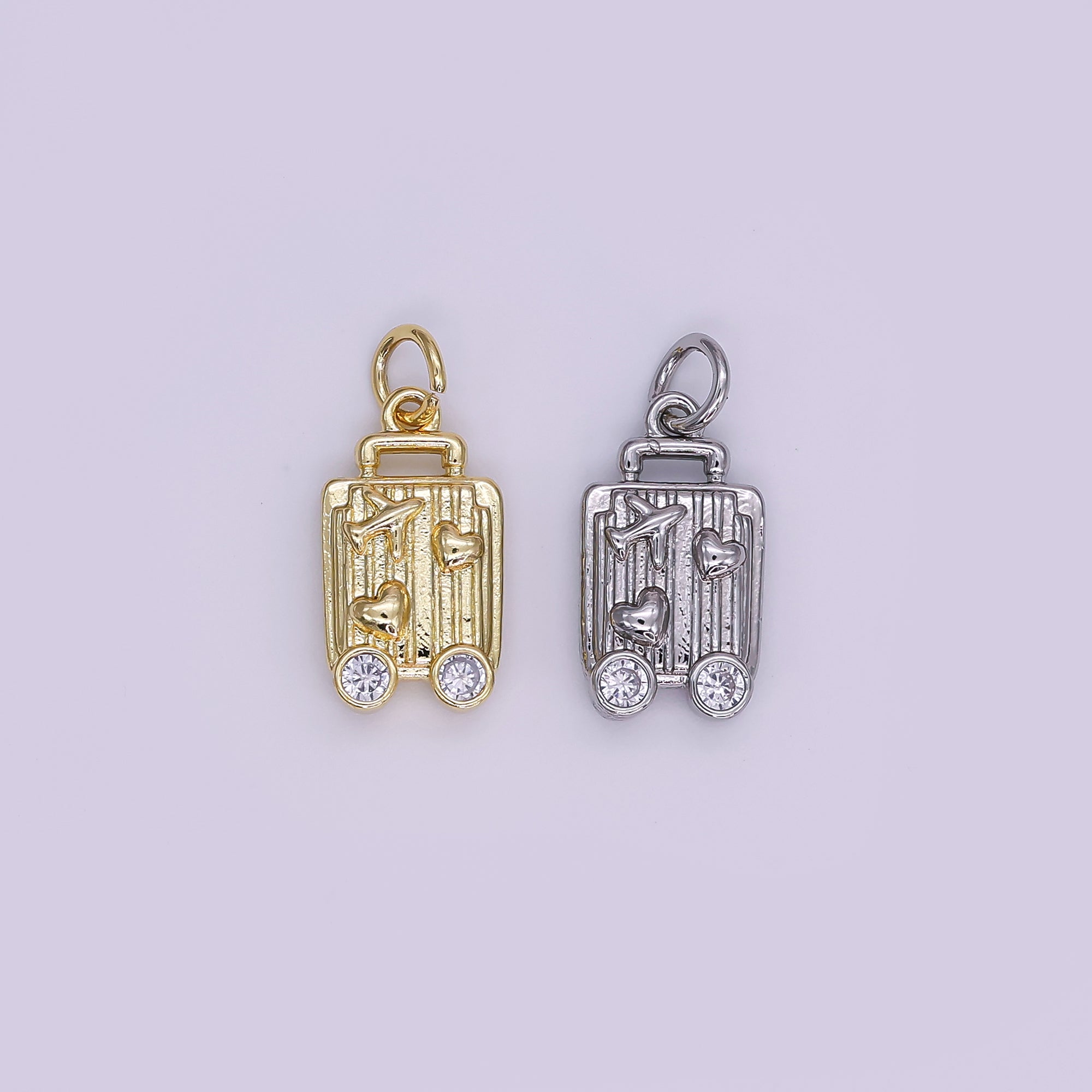 24K Gold Filled 16mm Round CZ Baggage Love to Travel Heart & Plane Charm in Gold & Silver | AJ-343