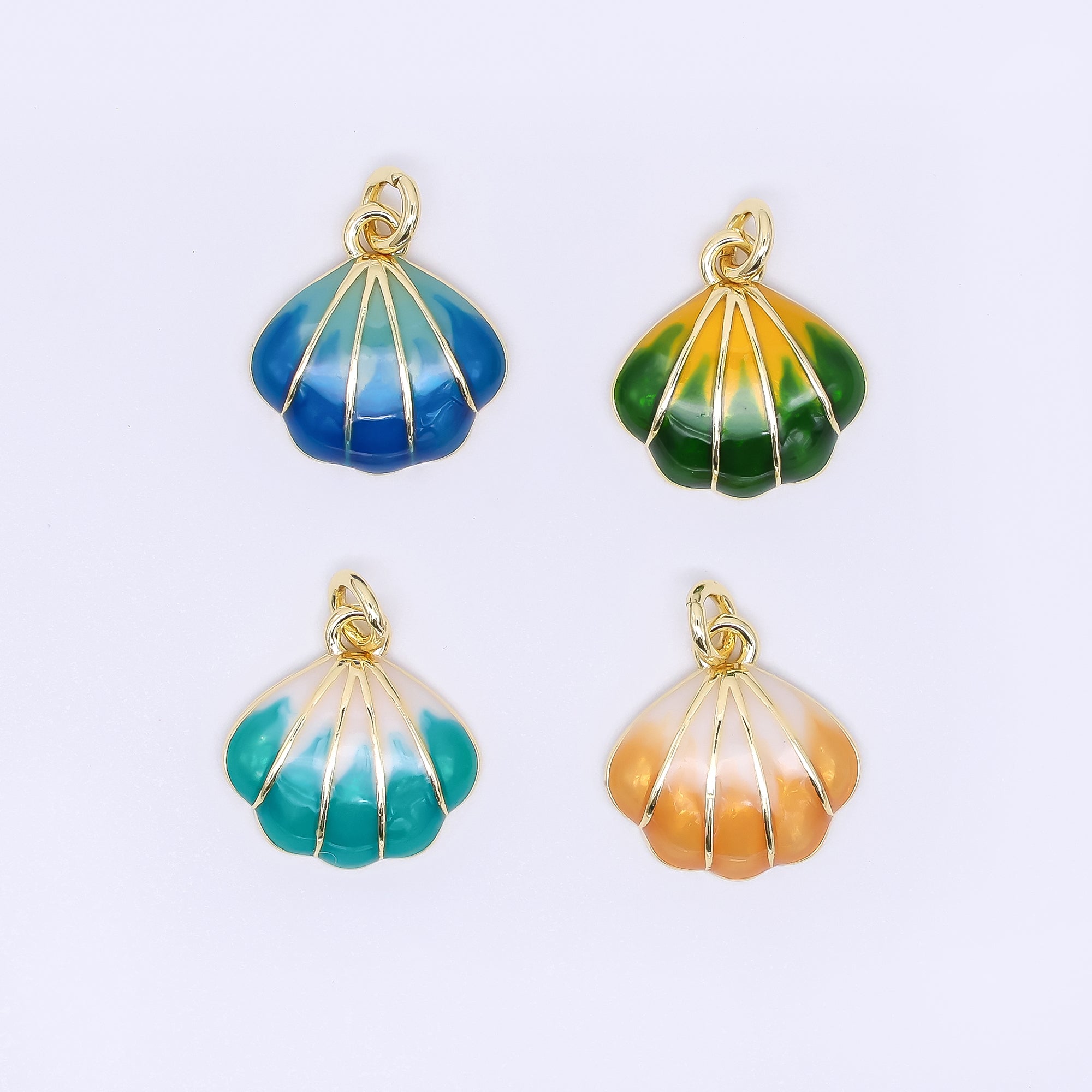 24K Gold Filled Green, Blue, Orange Gradient Enamel Scallop Clam Sea Shell Charm | AF545 AF546