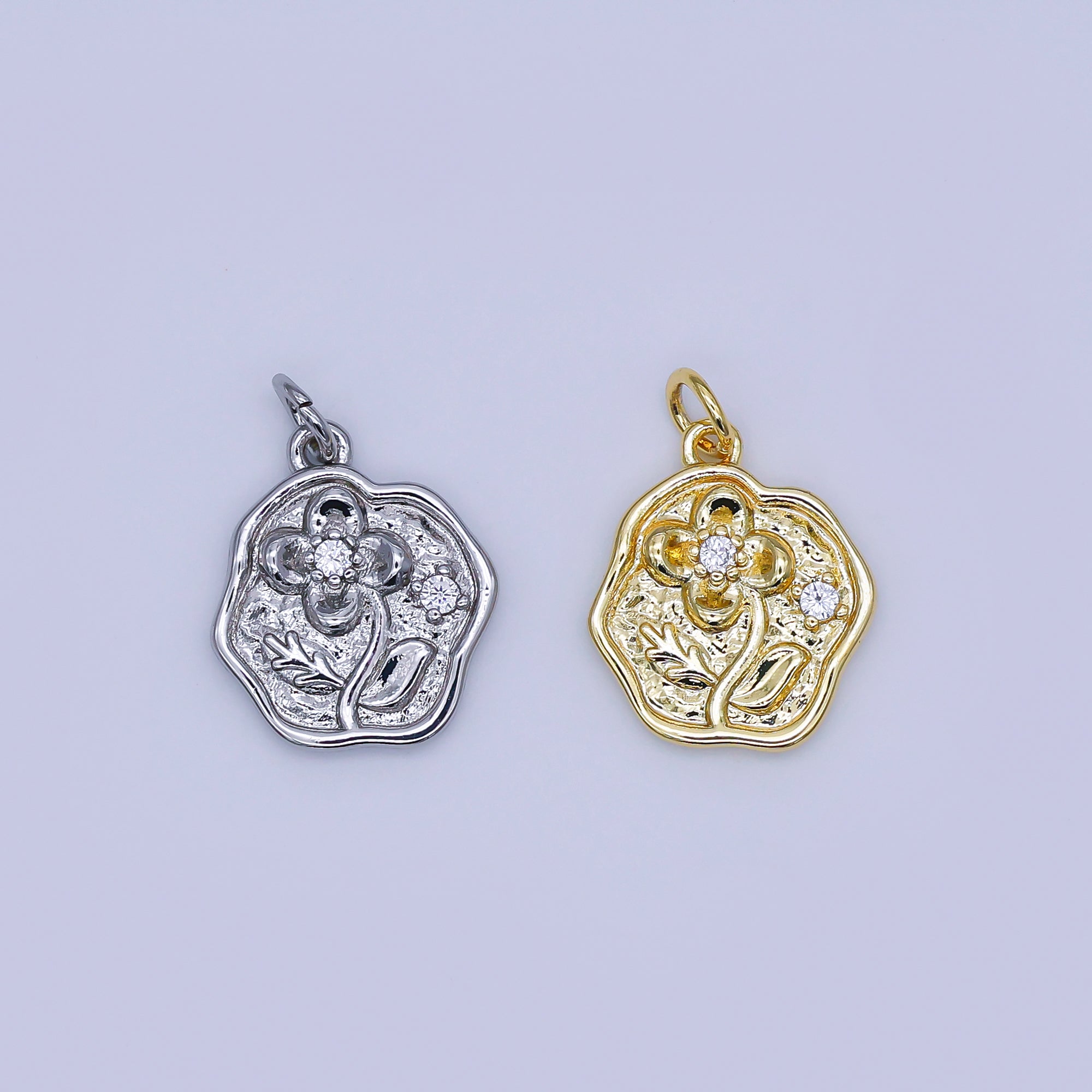 24K Gold Filled 17mm Round CZ Floral Coin Emblem Flower Charm in Gold & Silver | AJ-346