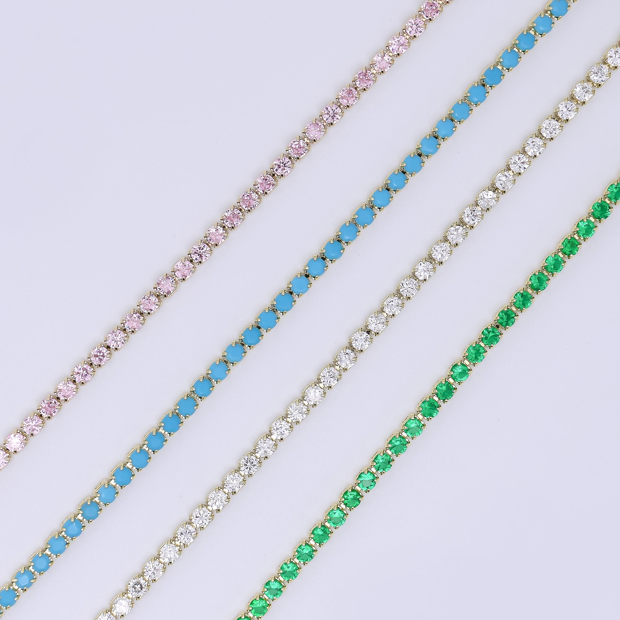 24K Gold Filled 2.1mm Green, Pink, Blue Round CZ 7 Inches Tennis Bracelet | WA-3815 - WA-3818
