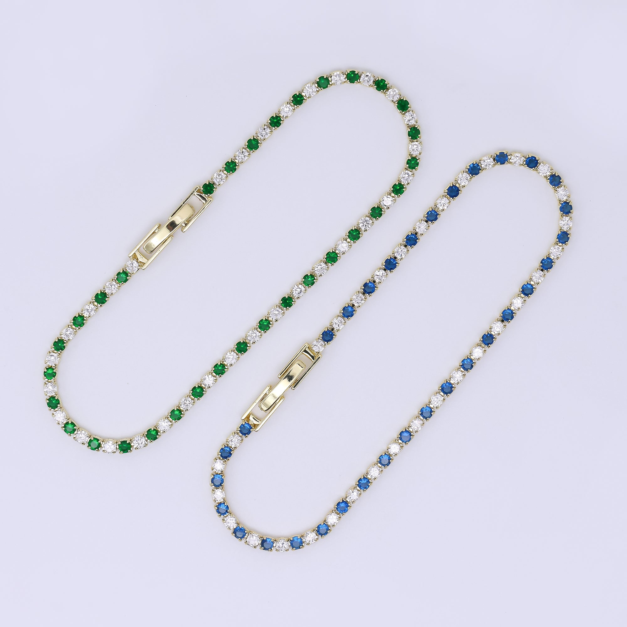 24K Gold Filled 2.2mm Green, Blue Round CZ Alternating Two-Toned 7 Inches Tennis Bracelet | WA-3819 - WA-3820