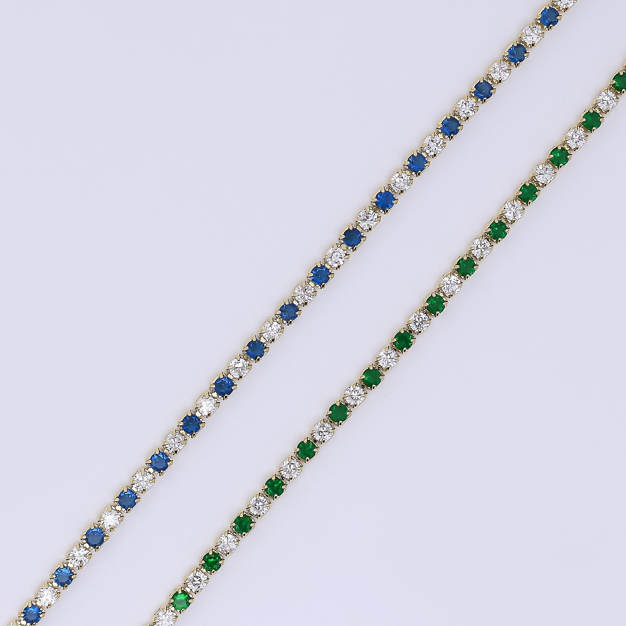 24K Gold Filled 2.2mm Green, Blue Round CZ Alternating Two Colors Tennis Chain 16 Inch Necklace with Extender | WA-3810 - WA-3811