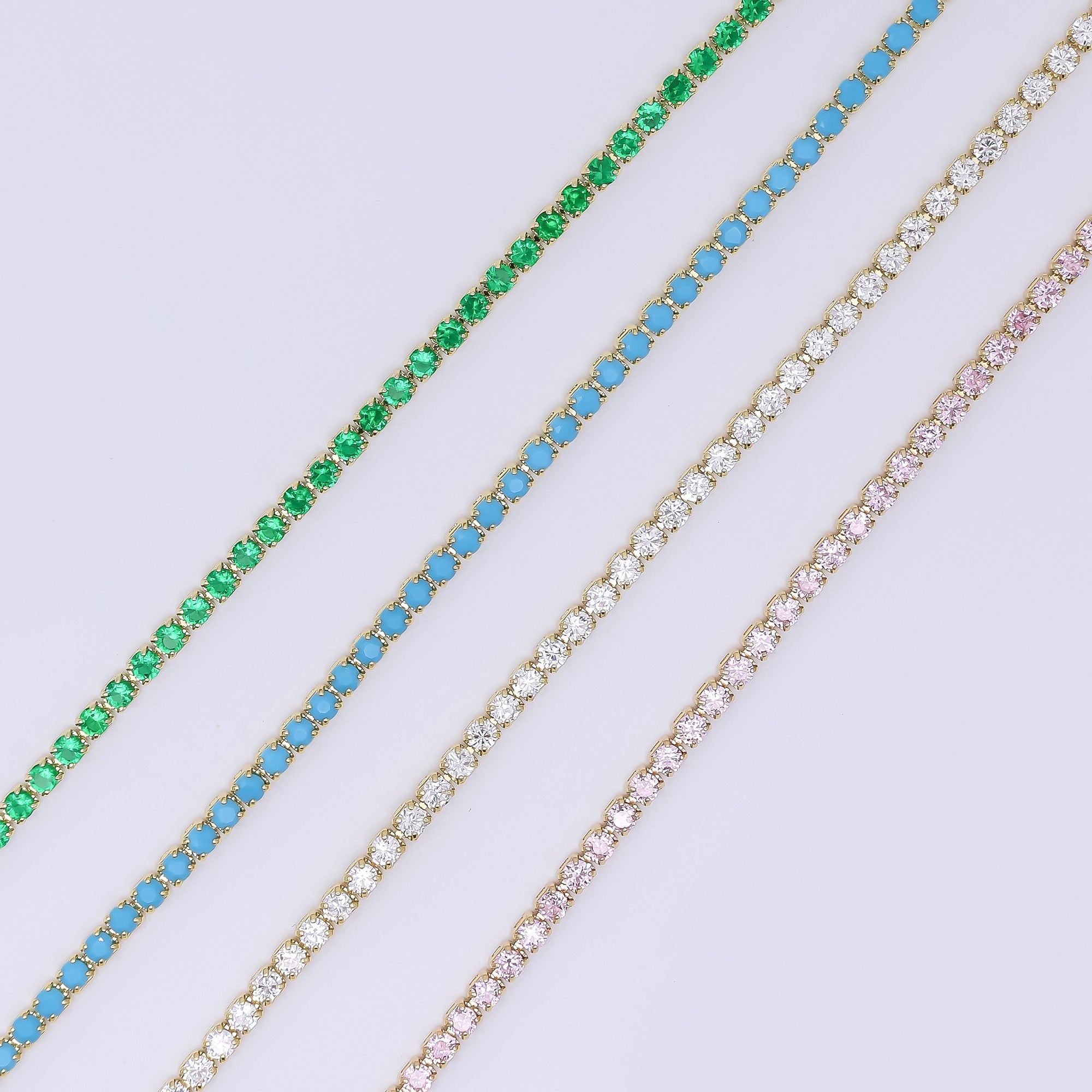 24K Gold Filled 2.1mm Green, Pink, Clear Round CZ Solid Color Tennis Chain 16 Inch Necklace with Extender | WA-3812 - WA-3814