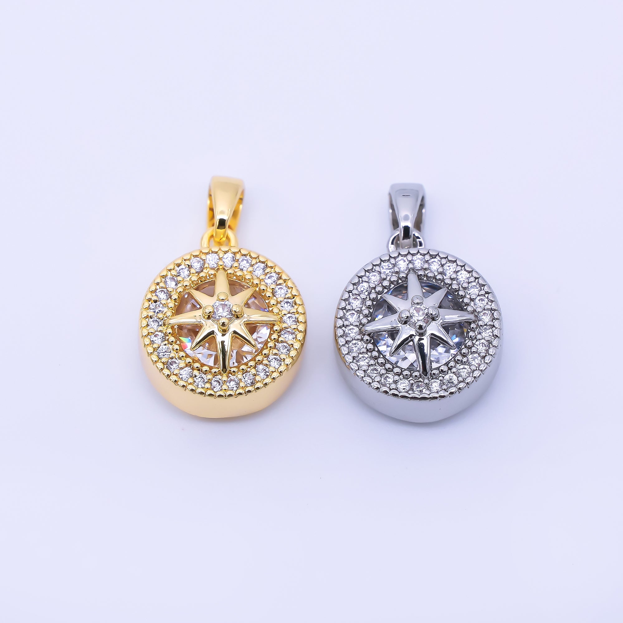 24K Gold Filled 15mm Micro Paved CZ North Star Compass Pendant in Gold & Silver | AA1649