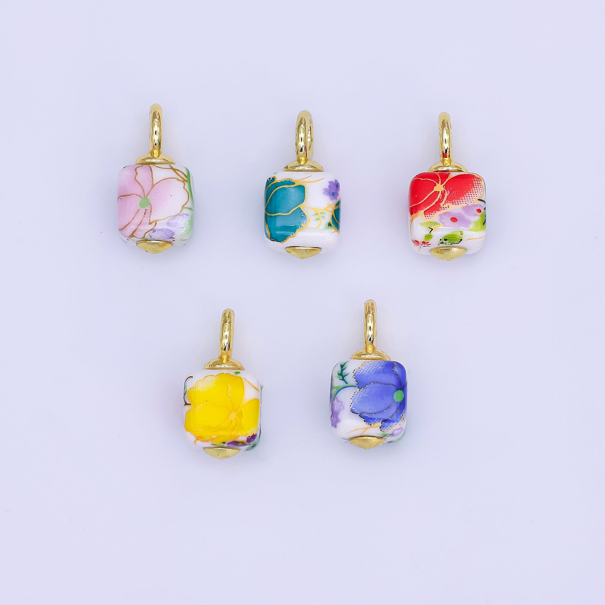 24K Gold Filled Green, Yellow, Purple, Red, Pink Flower Cube Ceramic Drop Pendant | E710 - E729