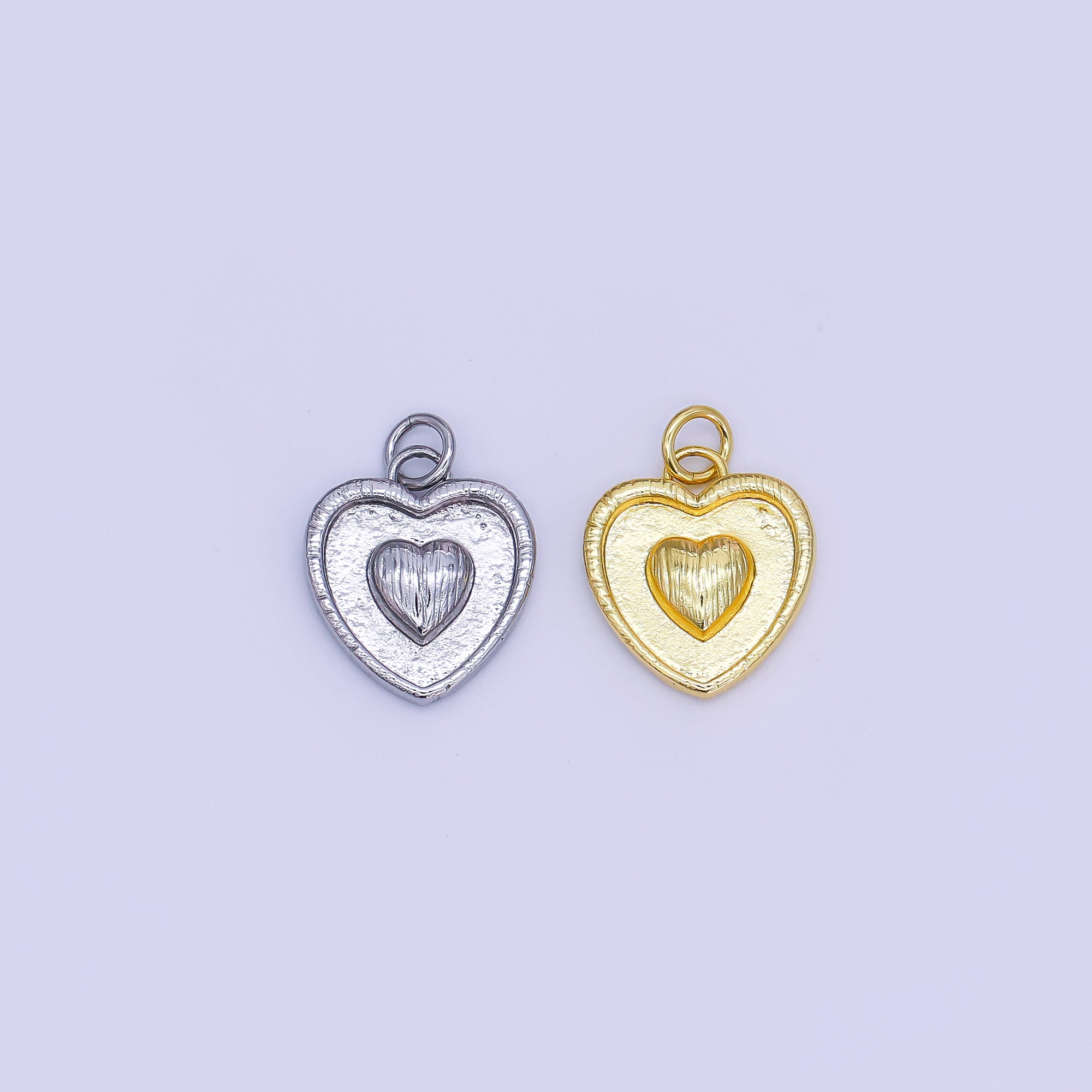 24K Gold Filled Double Sided Textured Sunburst Heart Outline Charm in Gold & Silver | AJ291