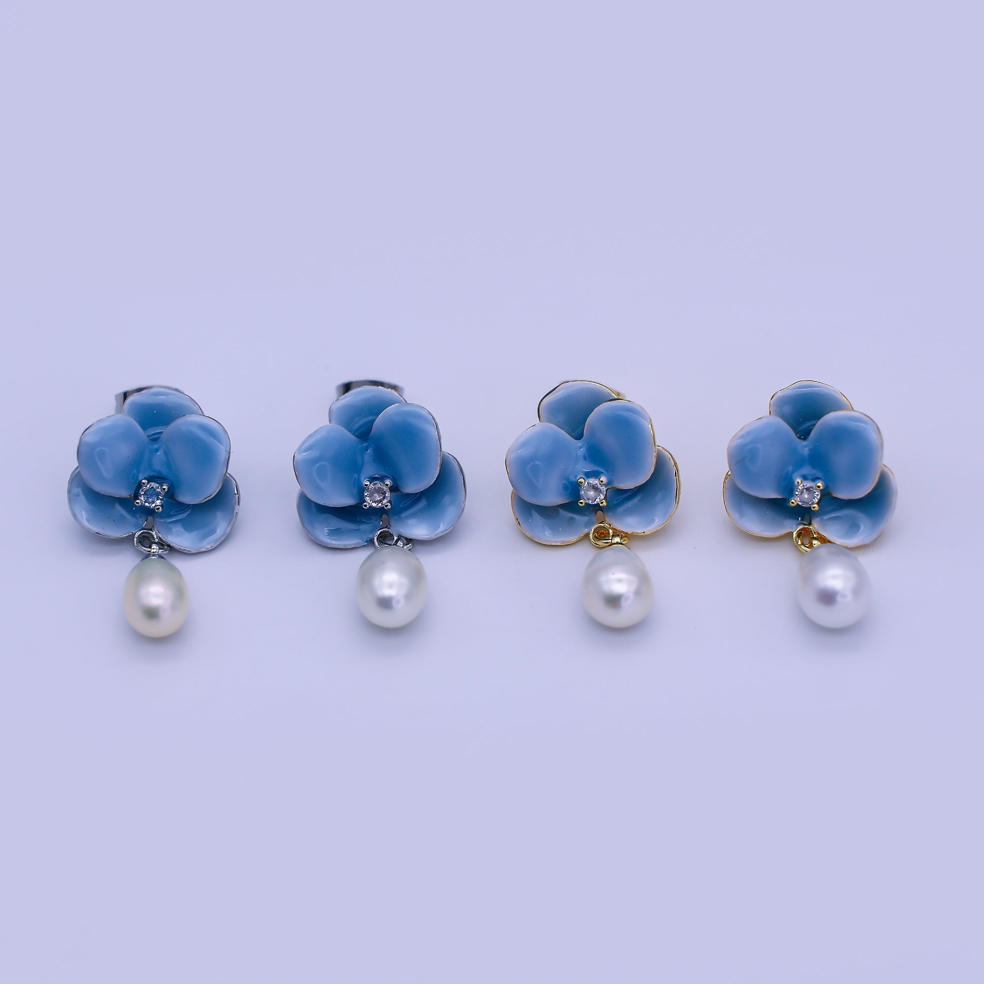 24K Gold Filled Round CZ Enamel Art Sky Blue Orchid Flower Shell Pearl Drop Stud Earrings in Gold & Silver | AJ-106 AJ-107
