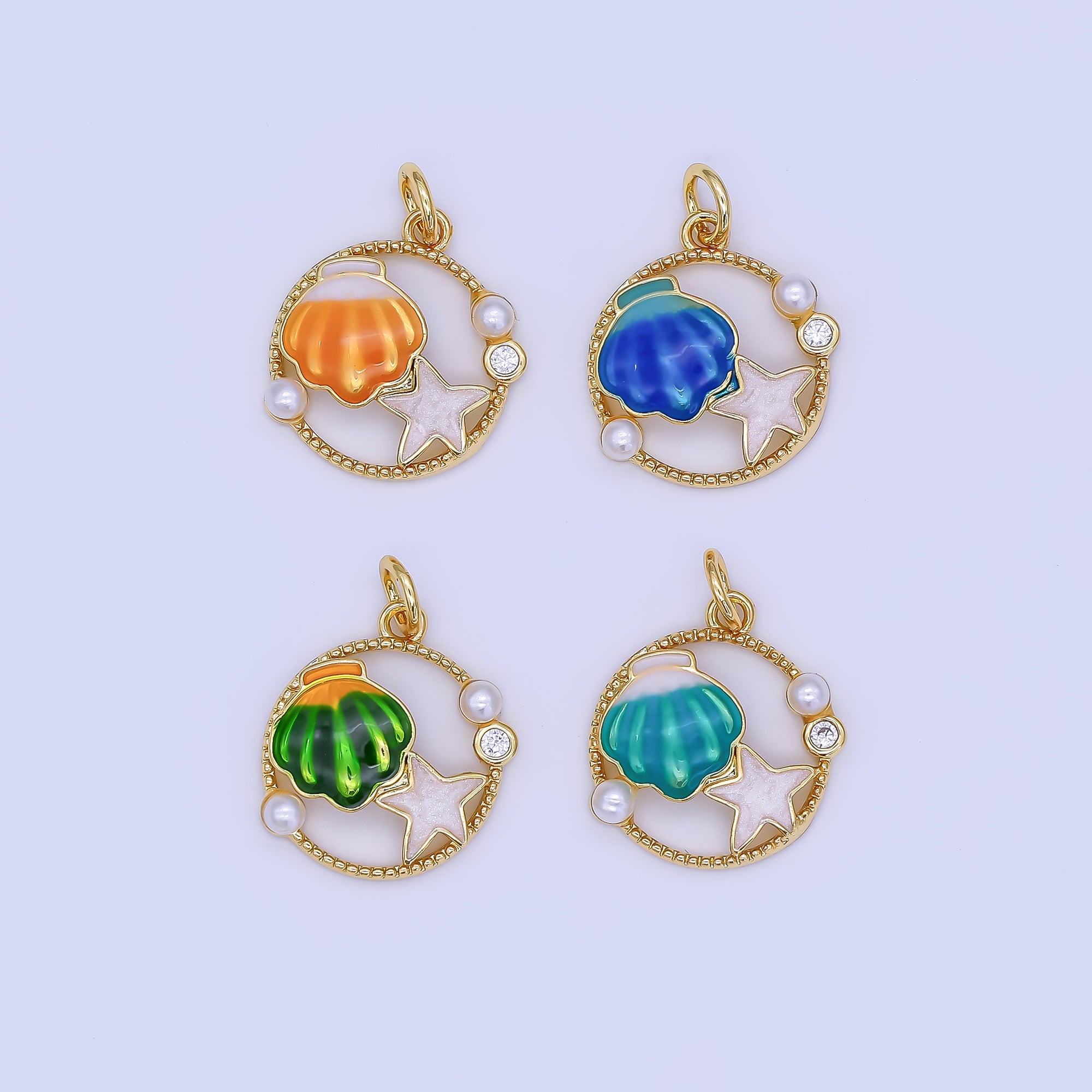 24K Gold Filled Orange, Teal, Blue, Green Sea Clam Shell Starfish Open Round Charm | AF508 AF509