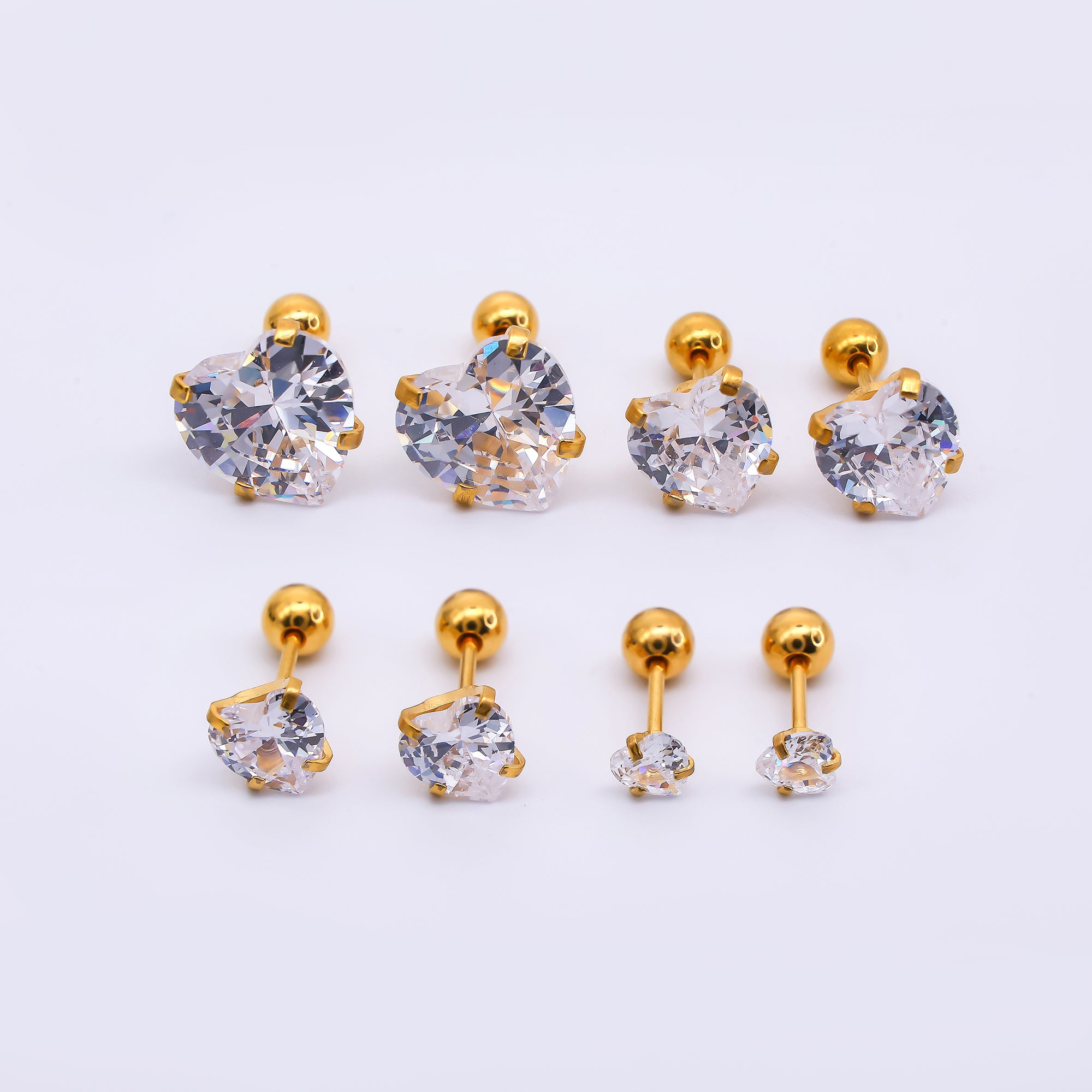 Gold Stainless Steel Heart-Shaped CZ Stud Earrings in Various Sizes | AB1576 - AB1578, AB1588