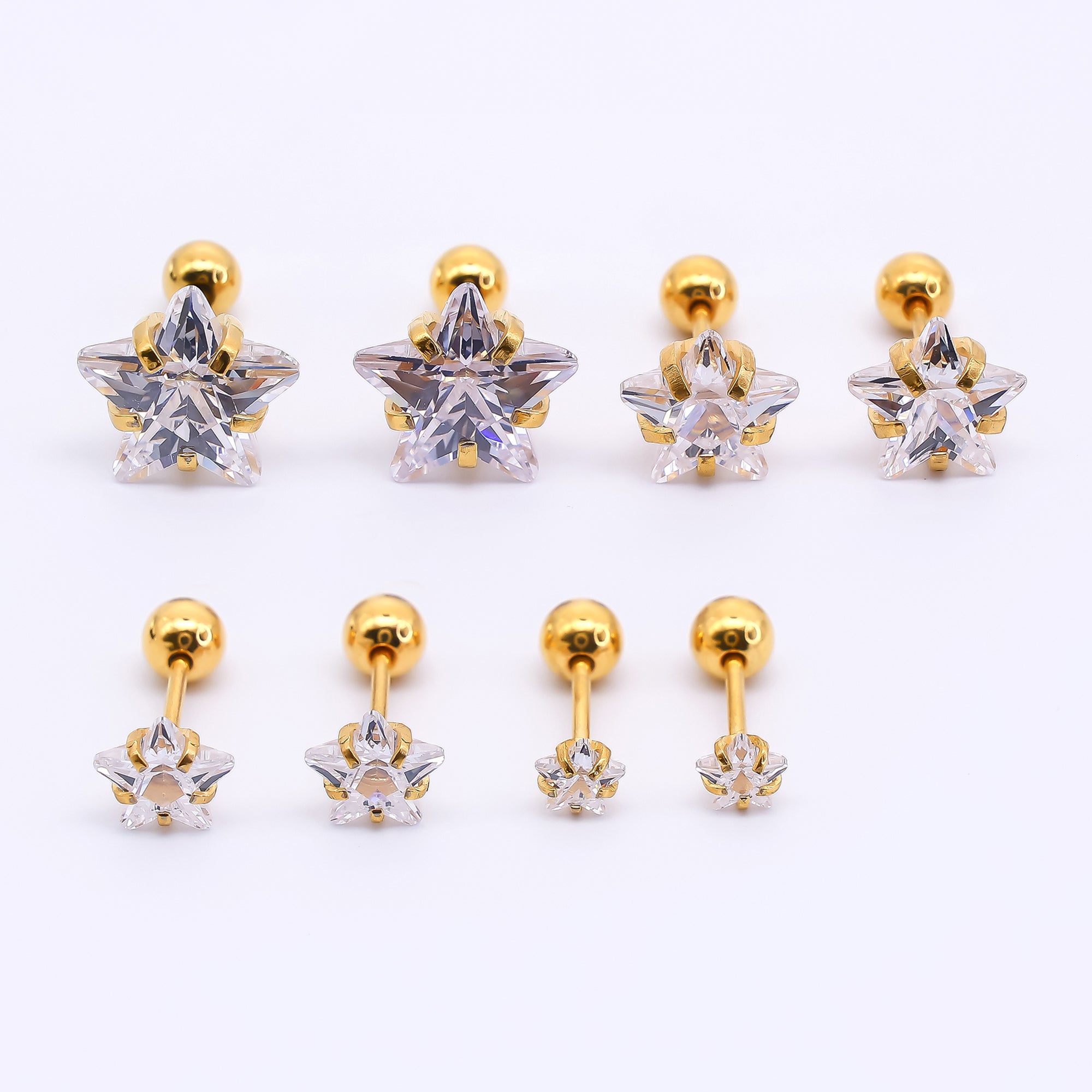 Gold Stainless Steel Star-Shaped CZ Celestial Stud Earrings in Various Sizes | AB1572 - AB1575