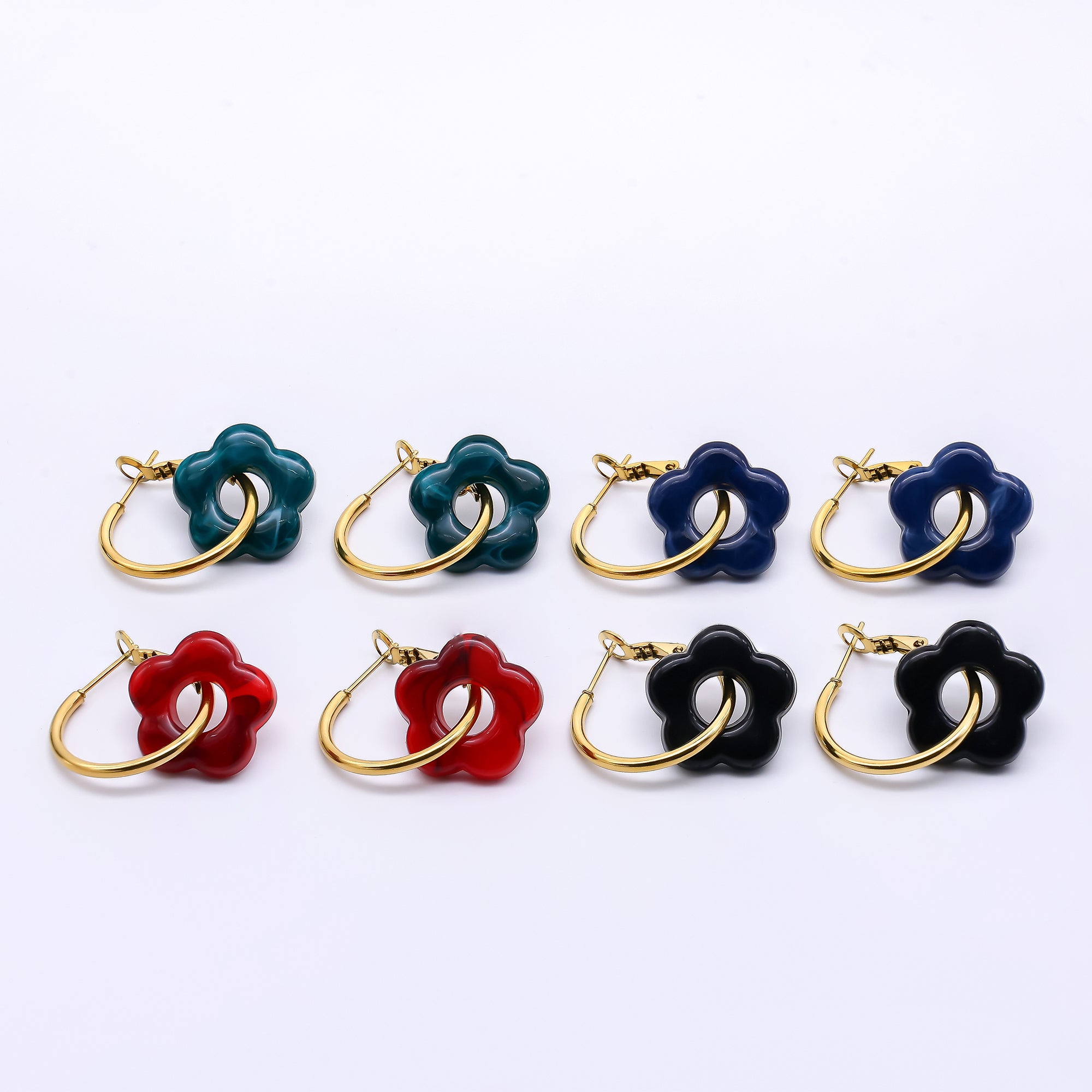 Stainless Steel Red, Black, Blue, Green Resin Flower Hinge Hoop Earrings | AI535 - AI538