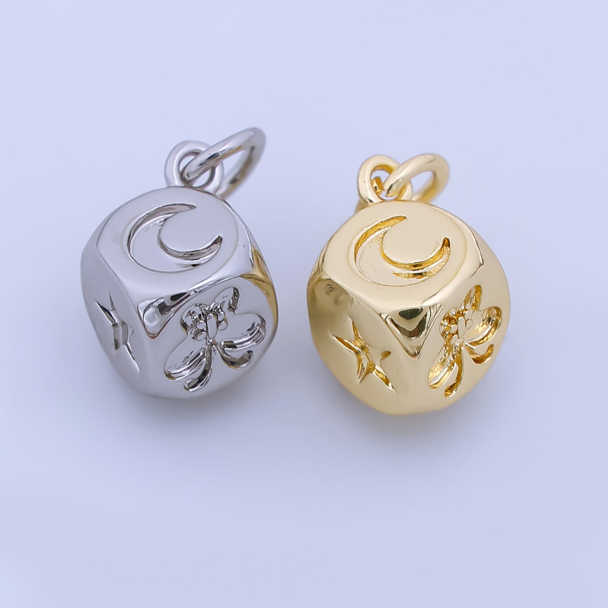 24K Gold Filled 8mm Celestial Moon Star Butterfly Dice Multidimensional 3D Charm in Gold & Silver | AJ471