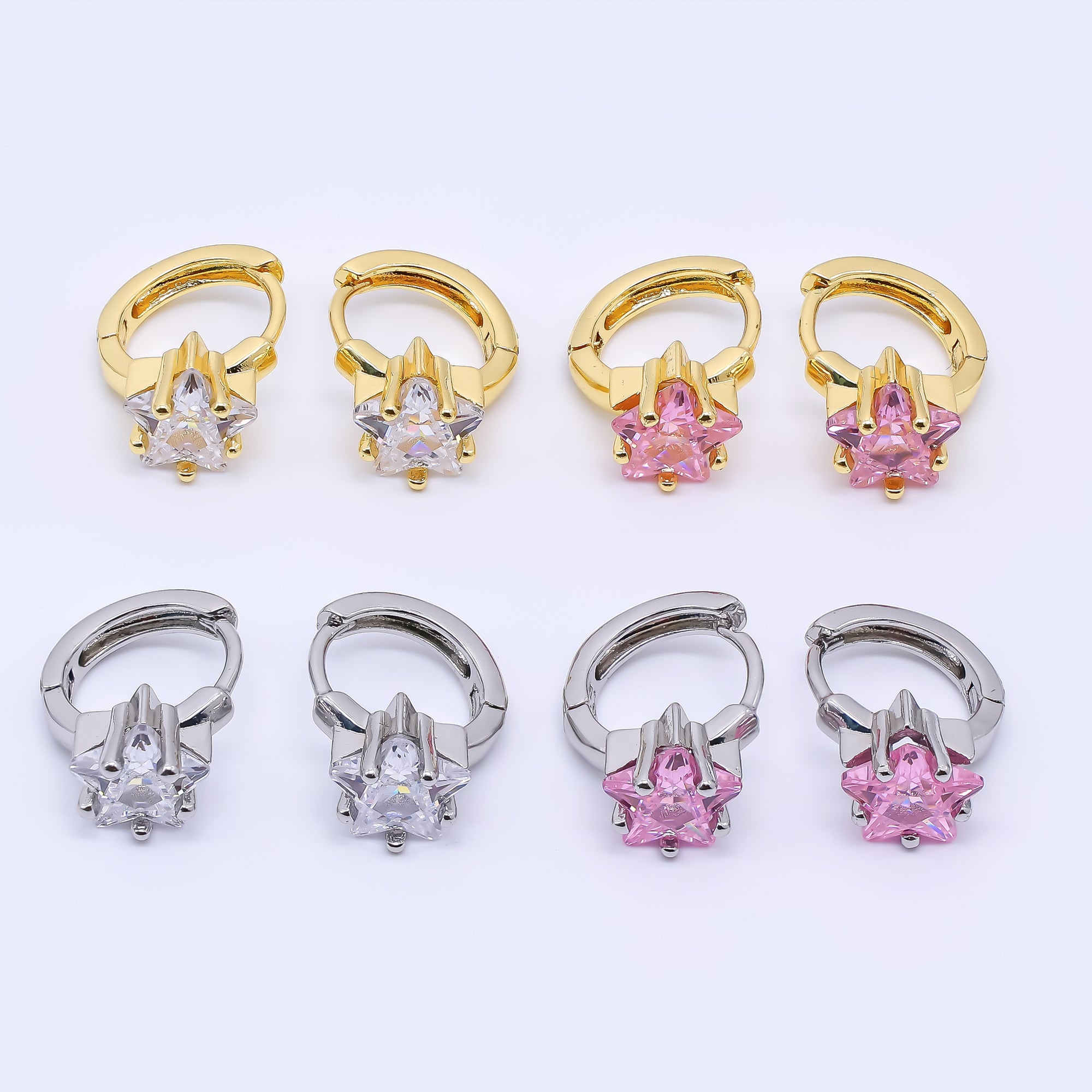 24K Gold Filled Clear & Pink CZ Star Huggie Hoops Earrings in Gold & Silver | AI-449 AI-450 AI-453 AI-454
