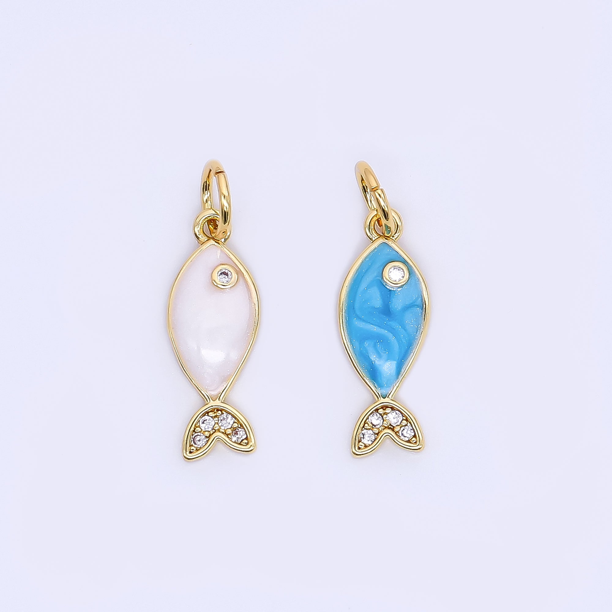 24K Gold Filled 16mm Micro Paved CZ Ocean Tiny Fish Enamel Charm | W167
