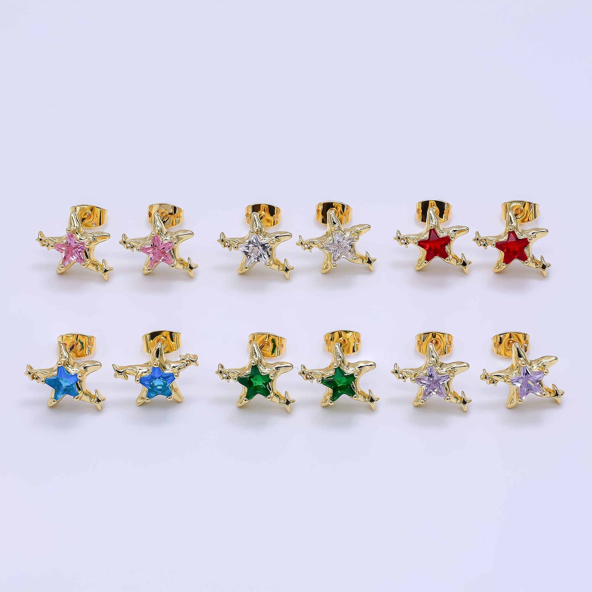 24K Gold Filled Green, Red, & Pink CZ Star-Shaped Stud Earrings | AJ-067 - AJ-072