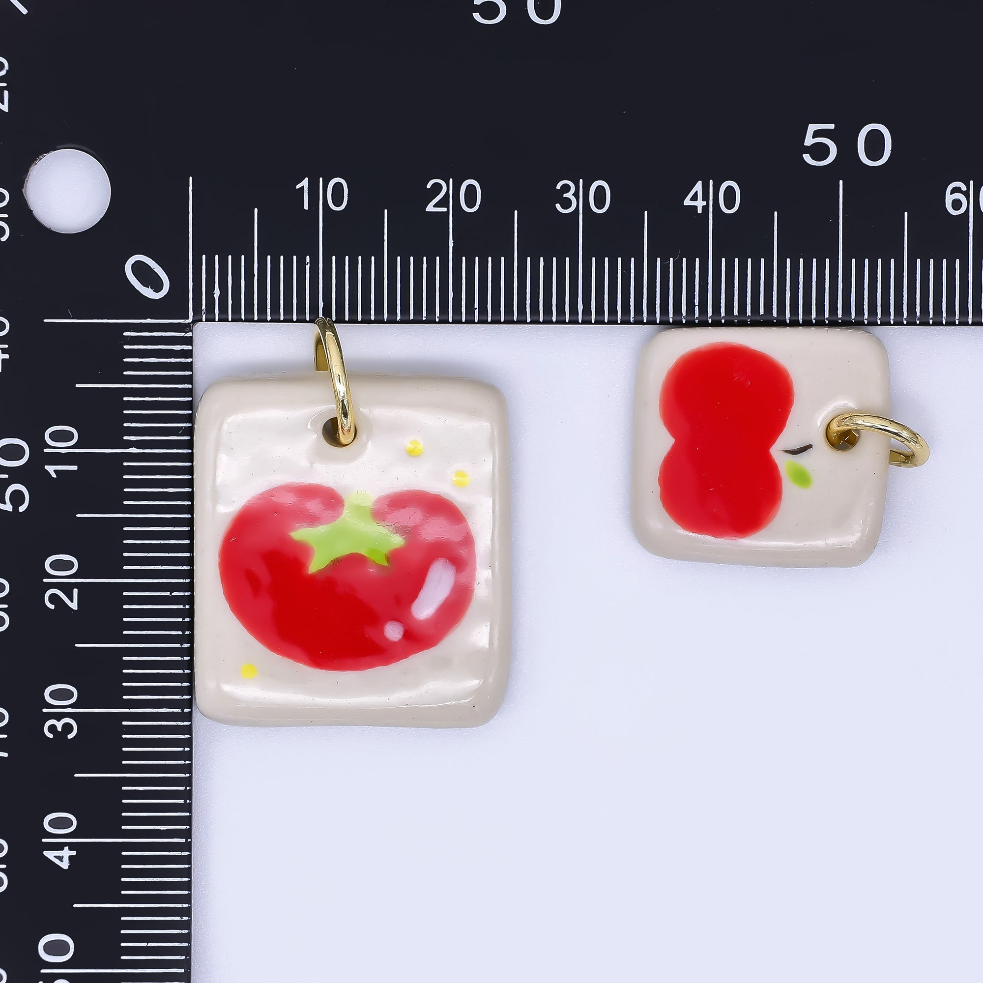 24K Gold Filled 20mm Fruit, Animal, Ribbon Cottagecore Handmade Painted Ceramic Square Tag Charm | N386 - N578
