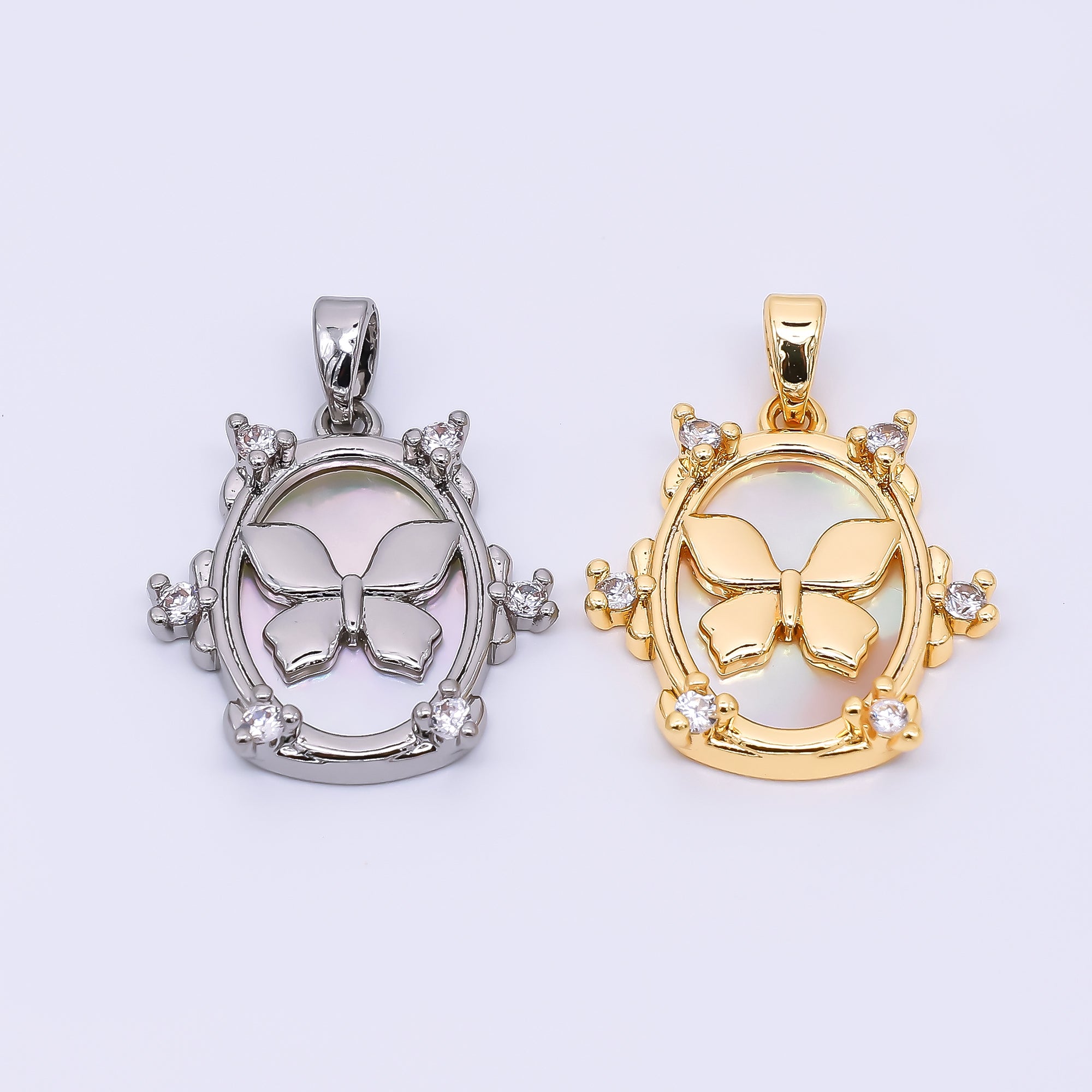 24K Gold Filled 20mm Mother of Pearl Framed Butterfly Animal Pendant in Gold & Silver | AA-1572