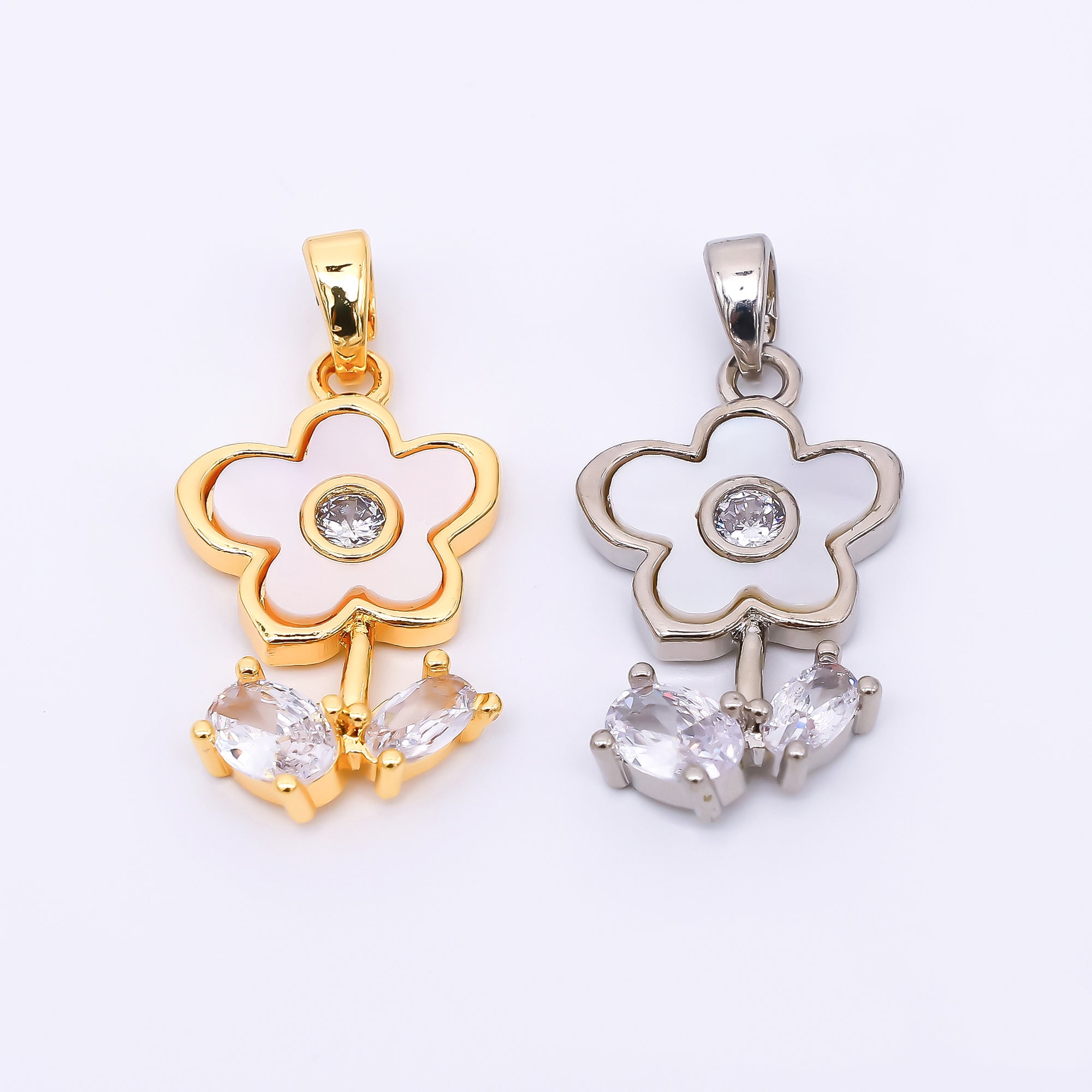 24K Gold Filled 21.5mm Oval Clear CZ Mother of Pearl Timeless Beauty Flower Pendant in Gold & Silver | AA-1571