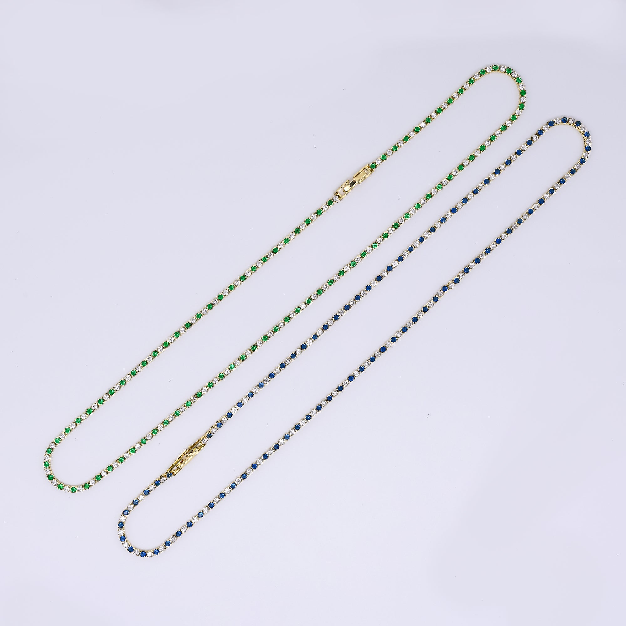 24K Gold Filled Two-Toned Micro Paved CZ Box Clasp Tennis Necklace 18.11 Inch in Blue & Green | WA-3802 - WA-3803