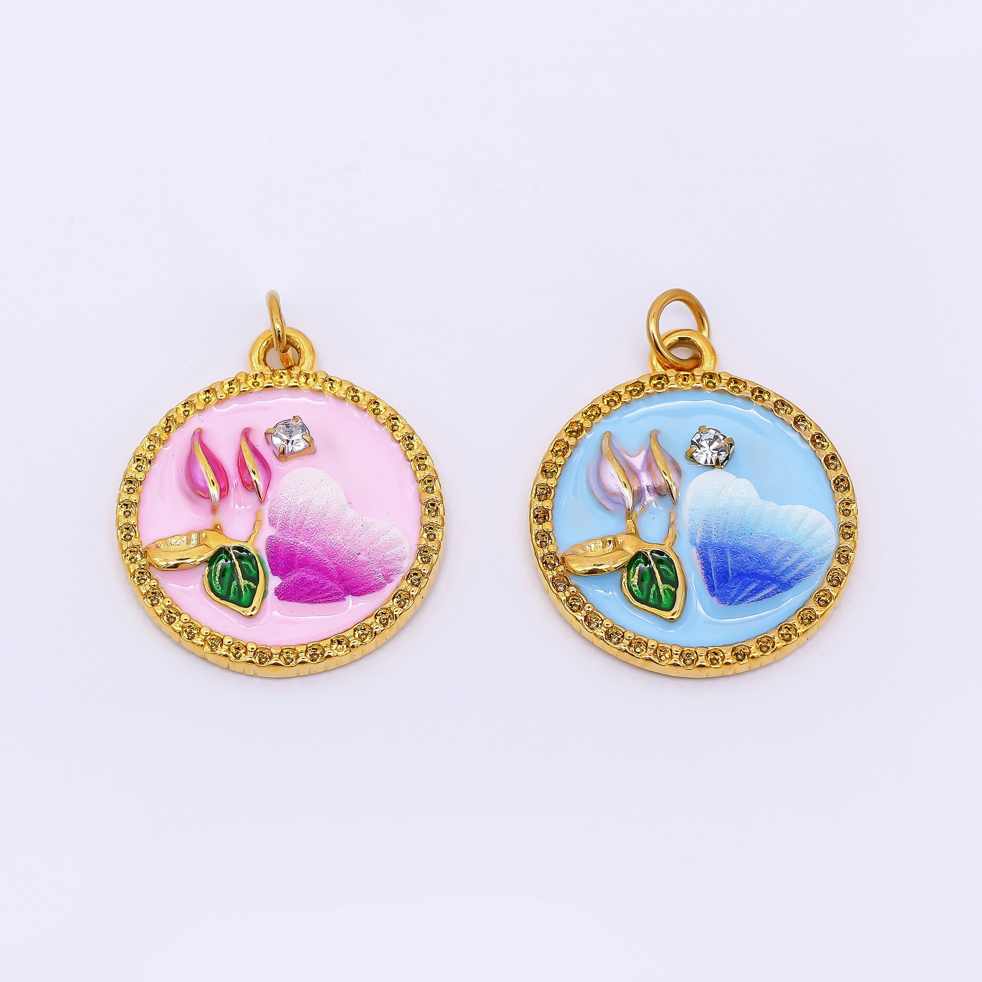 Gold Stainless Steel 23mm Round CZ Hand-Painted Enamel Flower & Heart Charm in Pink & Blue | J012