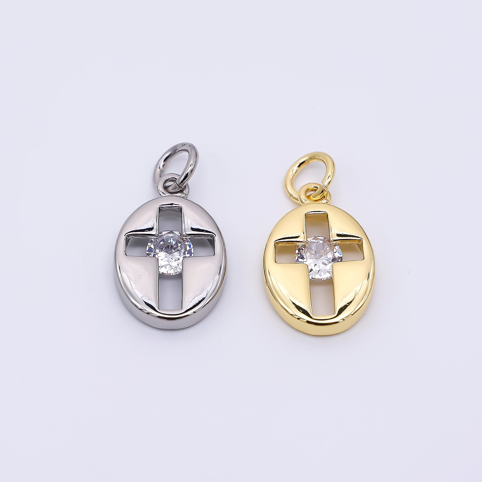 24K Gold Filled 14mm Round CZ Open Christian Cross Coin Charm in Gold & Silver | AC1598