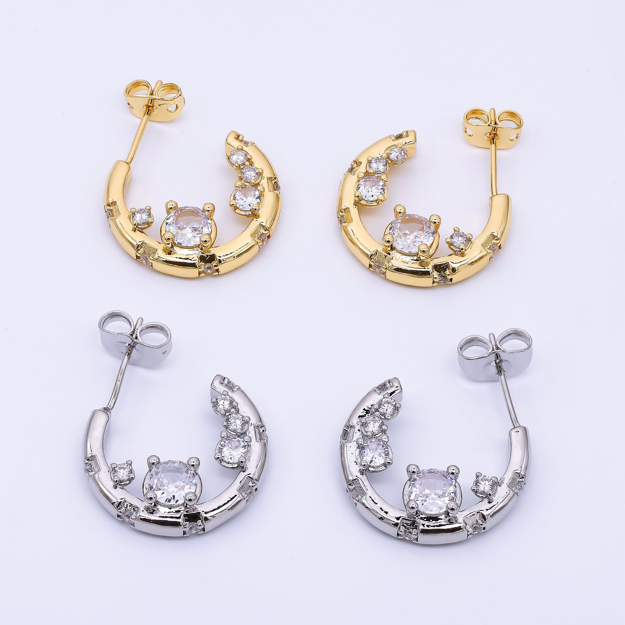 24K Gold Filled Micro Paved CZ Crescent C-Hoops Earrings in Gold & Silver | AJ-079 AJ-080