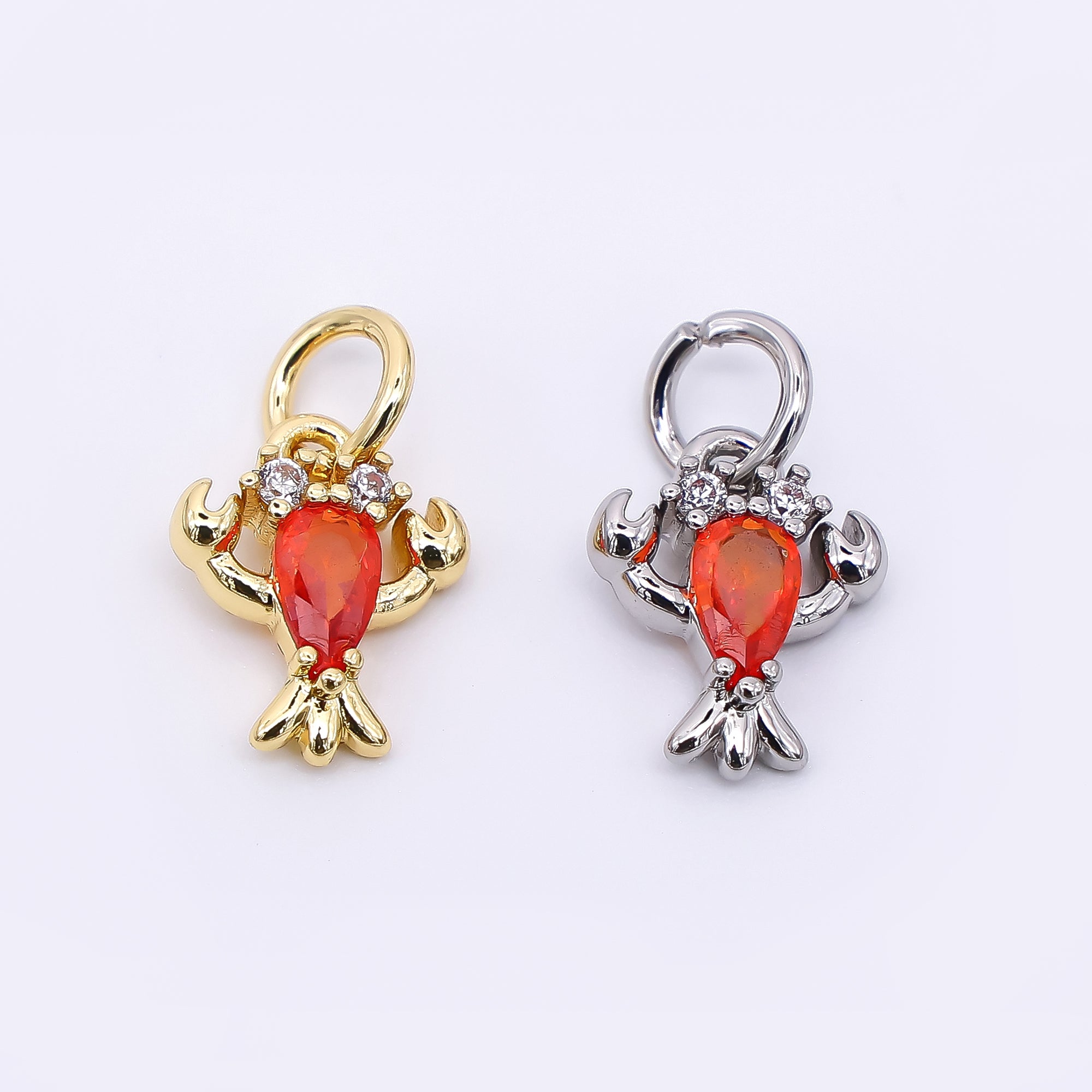 24K Gold Filled 16mm Red Teardrop CZ Fresh Sea Shrimp Lobster Animal Charm in Gold & Silver | M-653