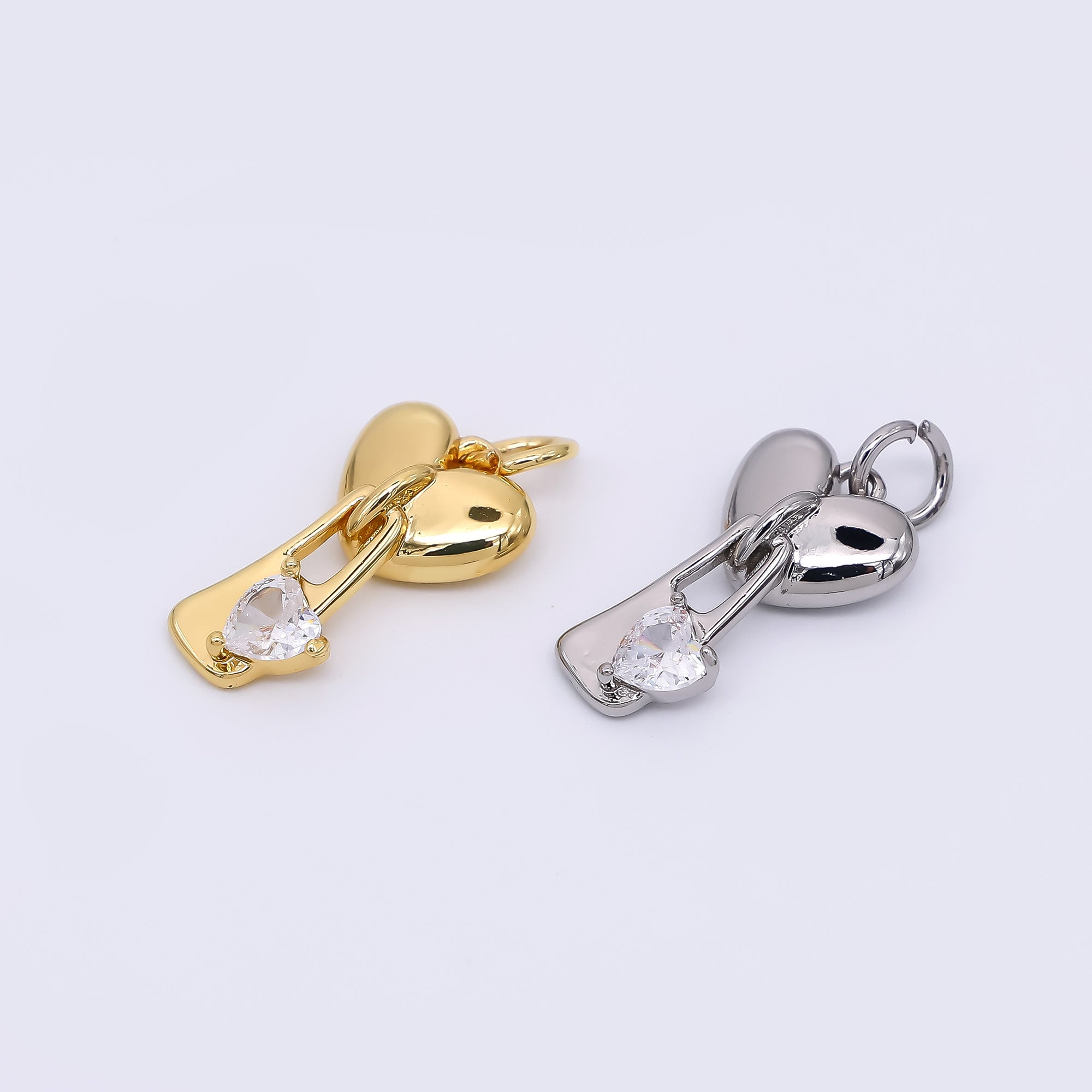 24K Gold Filled 17mm Heart-Shaped CZ Double Heart Love Key Drop Charm | M-580