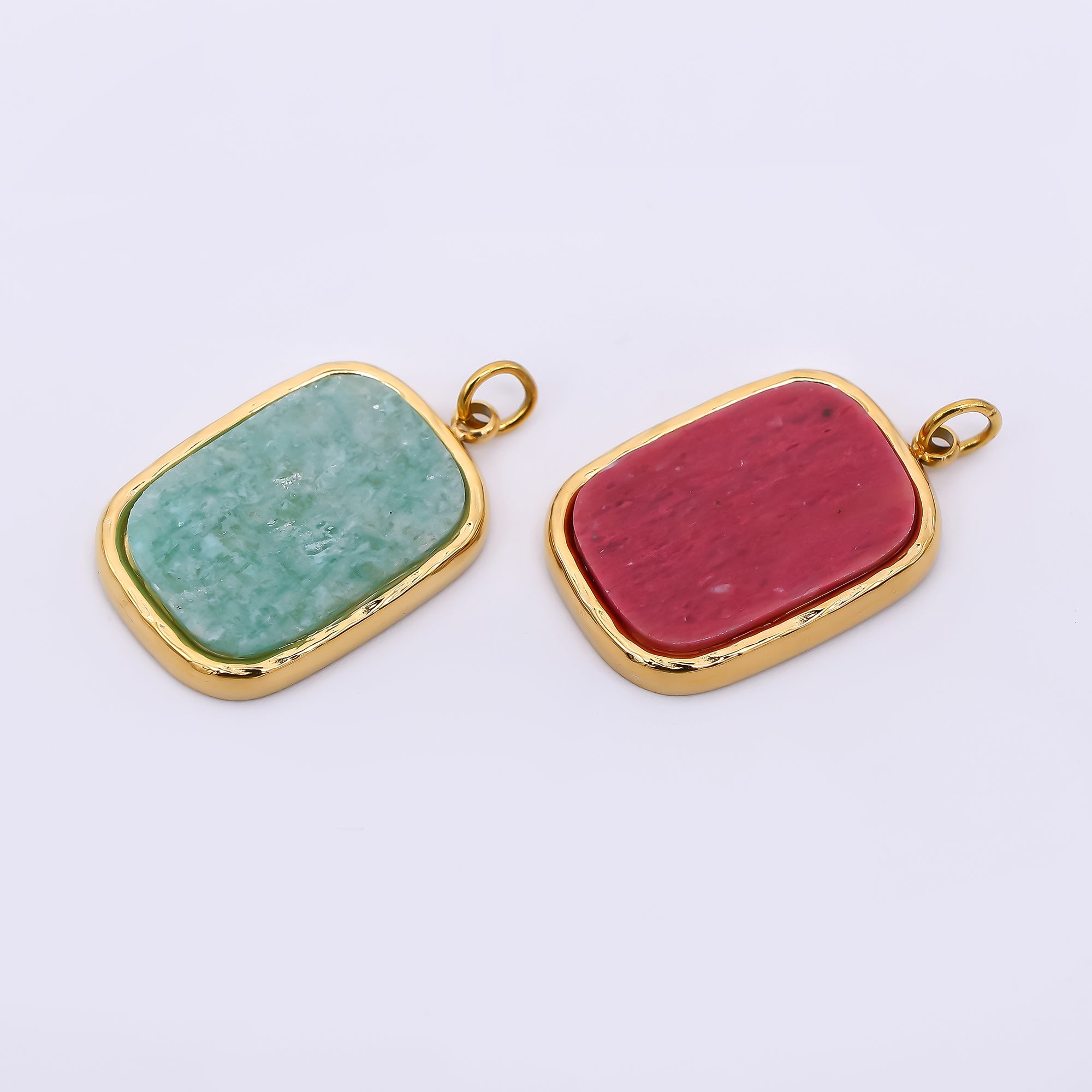 Stainless Steel 21mm Crystal Quartz Curvy Rectangular Charm in Fuchsia & Green | J-354