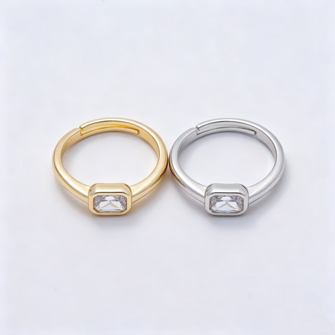 16K Gold Filled Clear Baguette CZ Bezel Solitaire Adjustable Ring in Gold & Silver | Rings-00145 Rings-00146